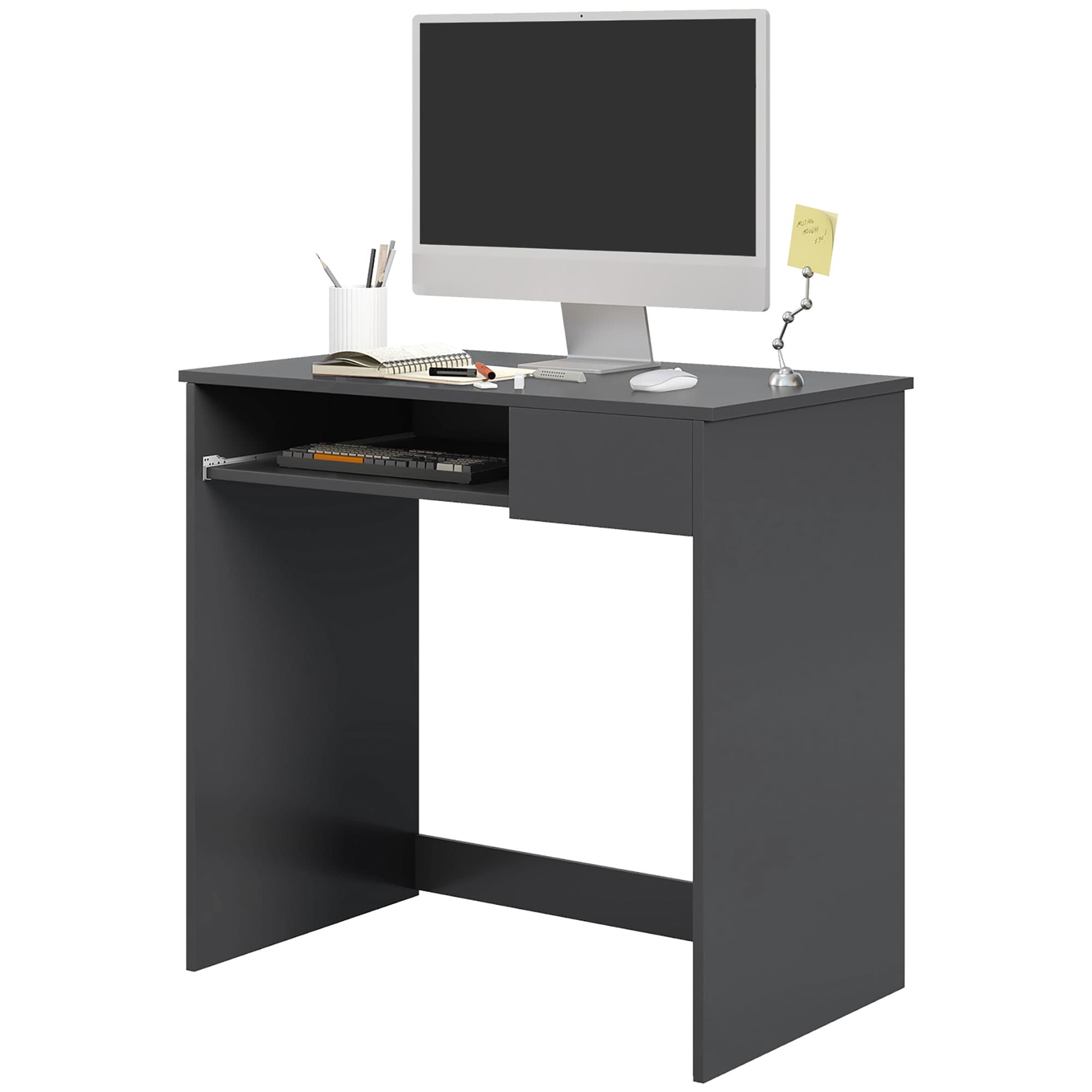HOMCOM Computer Table with Keyboard Tray and Drawer, Compact Computer Desk, Study Desk, Writing Desk for Home Office, Grey | Aosom UK