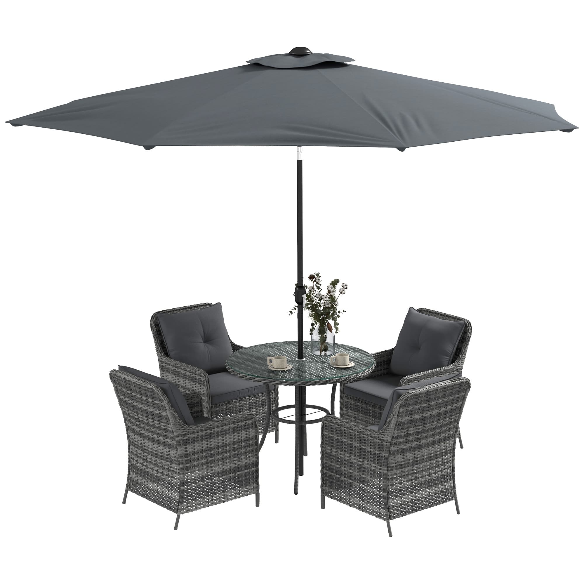 Outsunny 6 Pieces Garden Dining Set, 4 Seater Rattan Dining Set Outdoor with Umbrella, Cushions, Tempered Glass Top Table | Aosom UK