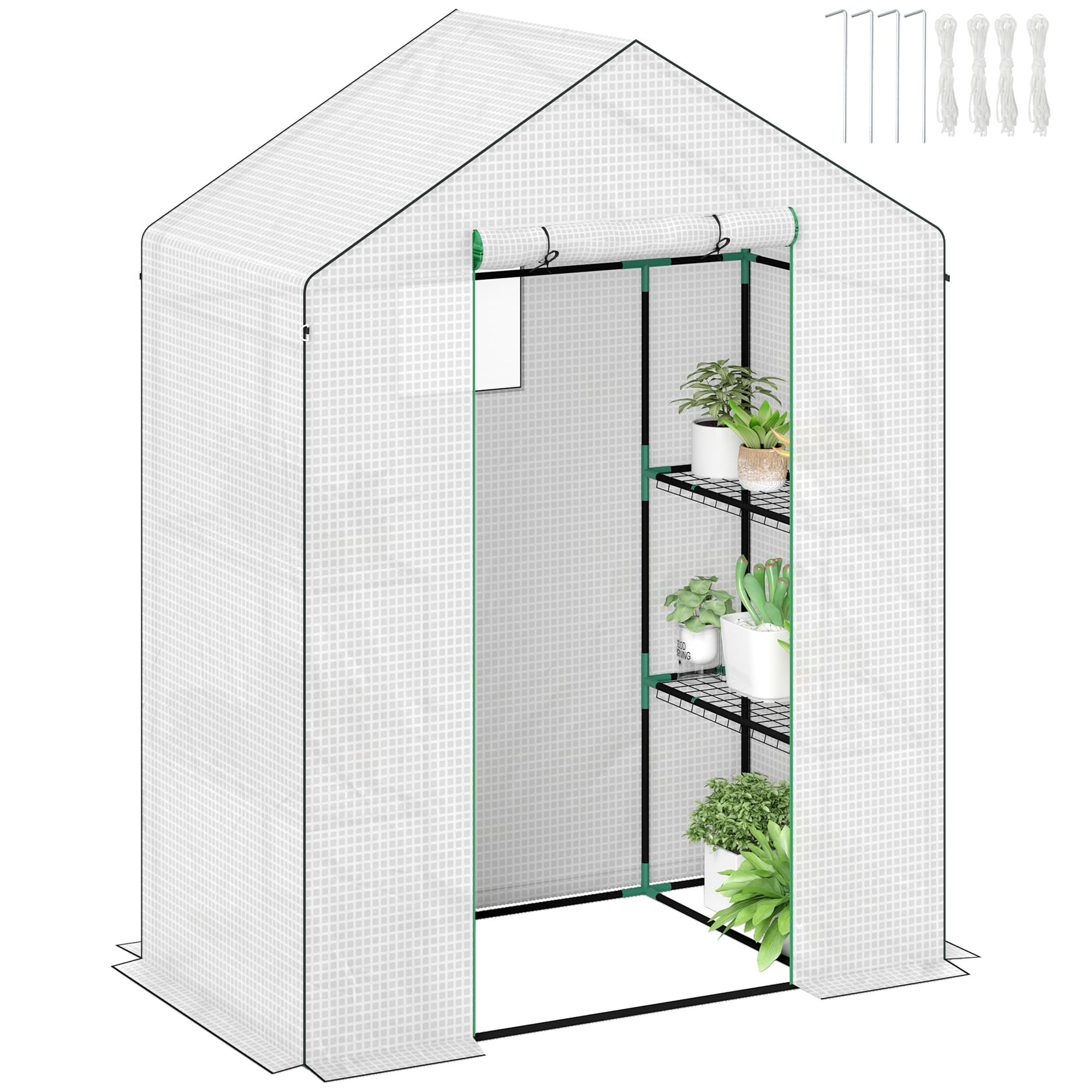 Outsunny Walk-in Greenhouse with 3 Tier 4 Shelves, Small Greenhouse with Reinforced PE Cover, Roll-up Door and Windows, 143 x 74 x 190 cm, White