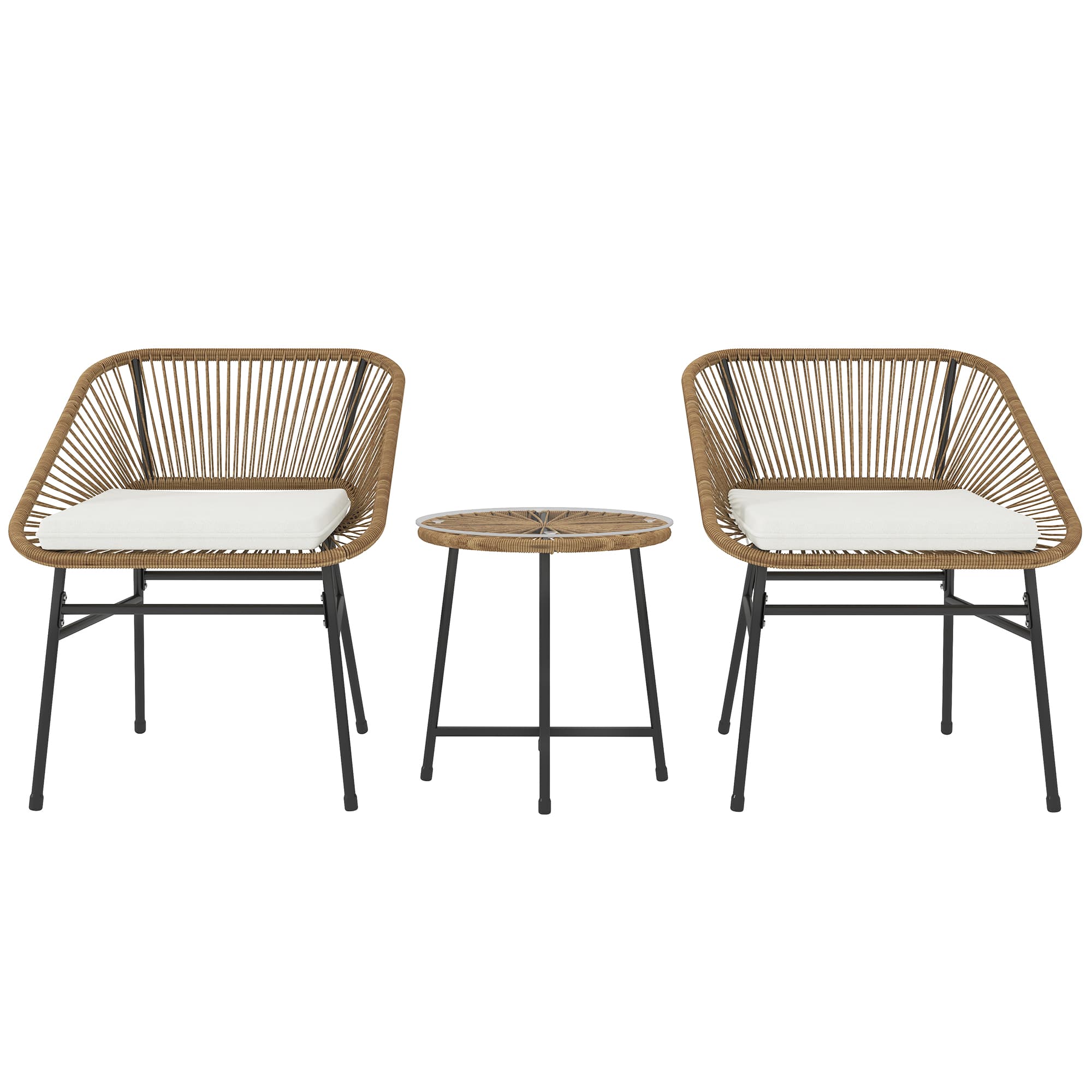Outsunny 3 Pieces Rattan Bistro Set, Wicker Small Garden Table and Chairs Set with Cushions and Glass Top for Outdoor, Balcony, Natural | Aosom UK