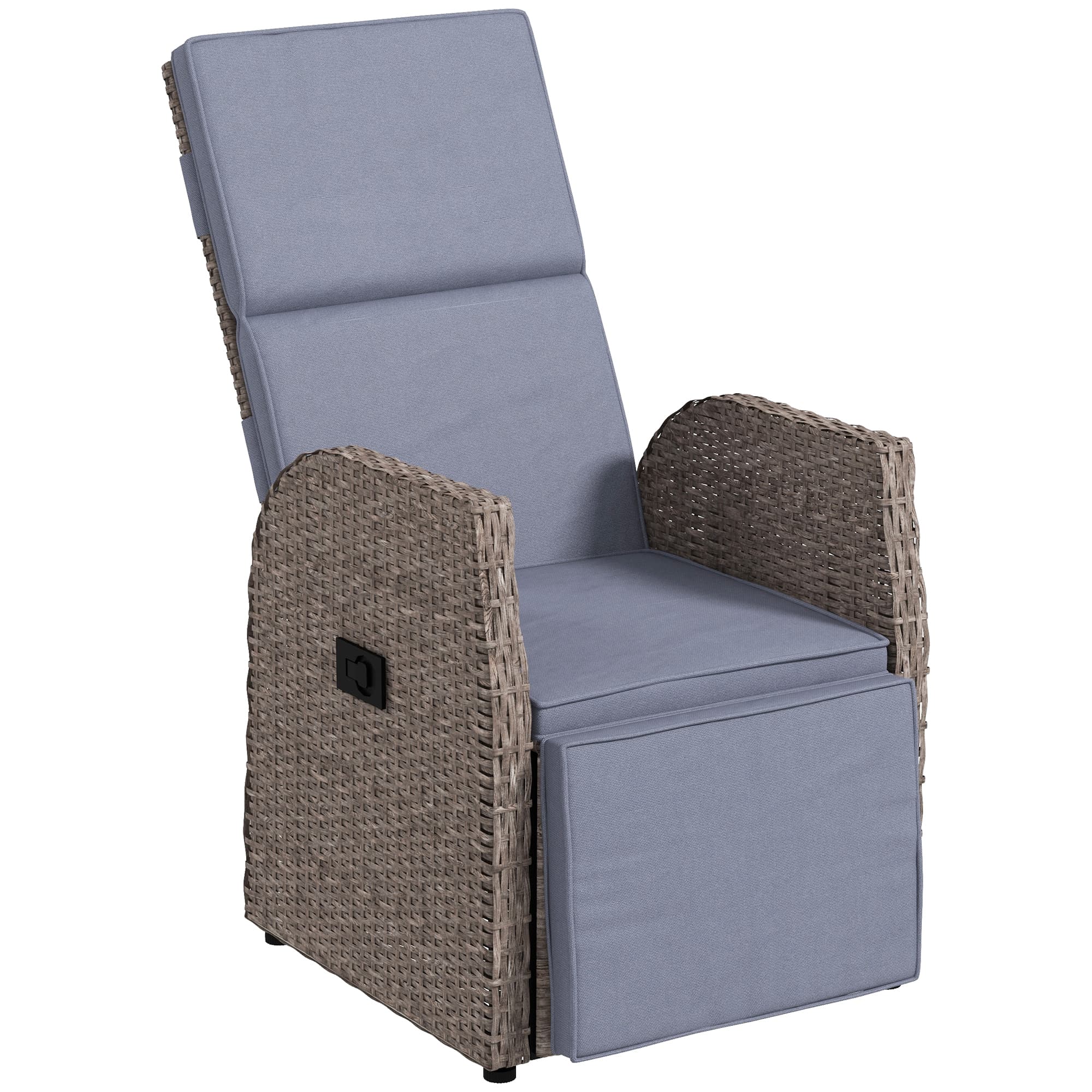 Outsunny Outdoor PE Rattan Leisure Chair with Cushion, Hand-Woven PE Rattan Recliner Garden Chair with Adjustable Back and Footrest, Patio Deck Chair with Side Table, Brown