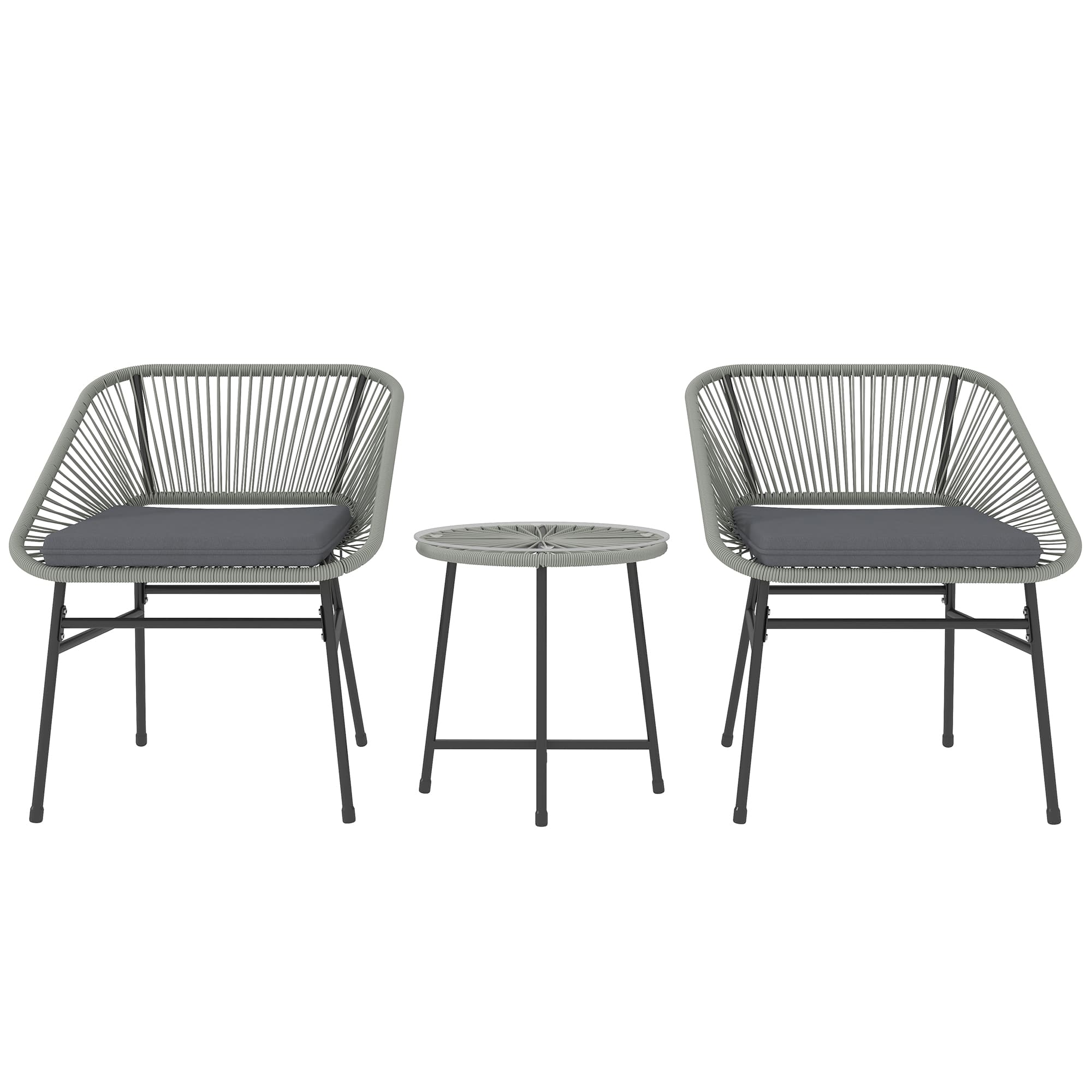 Outsunny 3 Pieces Rattan Bistro Set, Wicker Small Garden Table and Chairs Set with Cushions and Glass Top for Outdoor, Patio, Balcony, Light Grey
