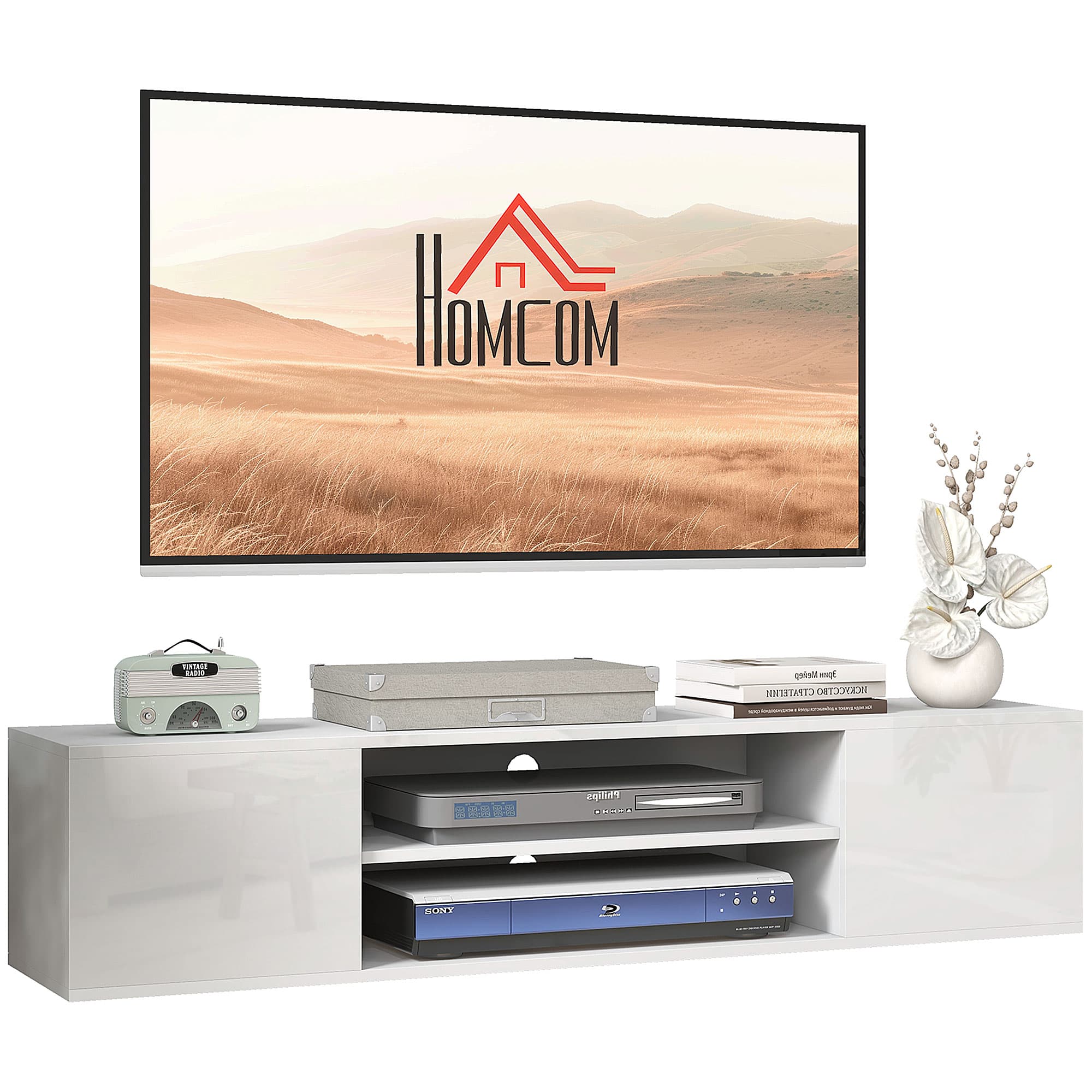 HOMCOM Floating TV Stand Cabinet for TVs up to 60", Wall Mounted TV Unit w/ Open Shelf, Storage Cupboards, Cable Management, White