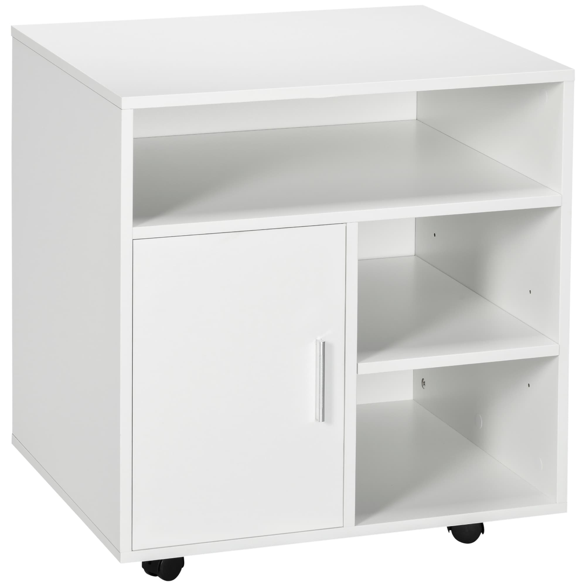 HOMCOM Mobile Printer Stand with Multiple Storage, Office Desk Side Unit on Wheels, Modern Design, 60L x 50W x 65.5H cm, White | Aosom UK