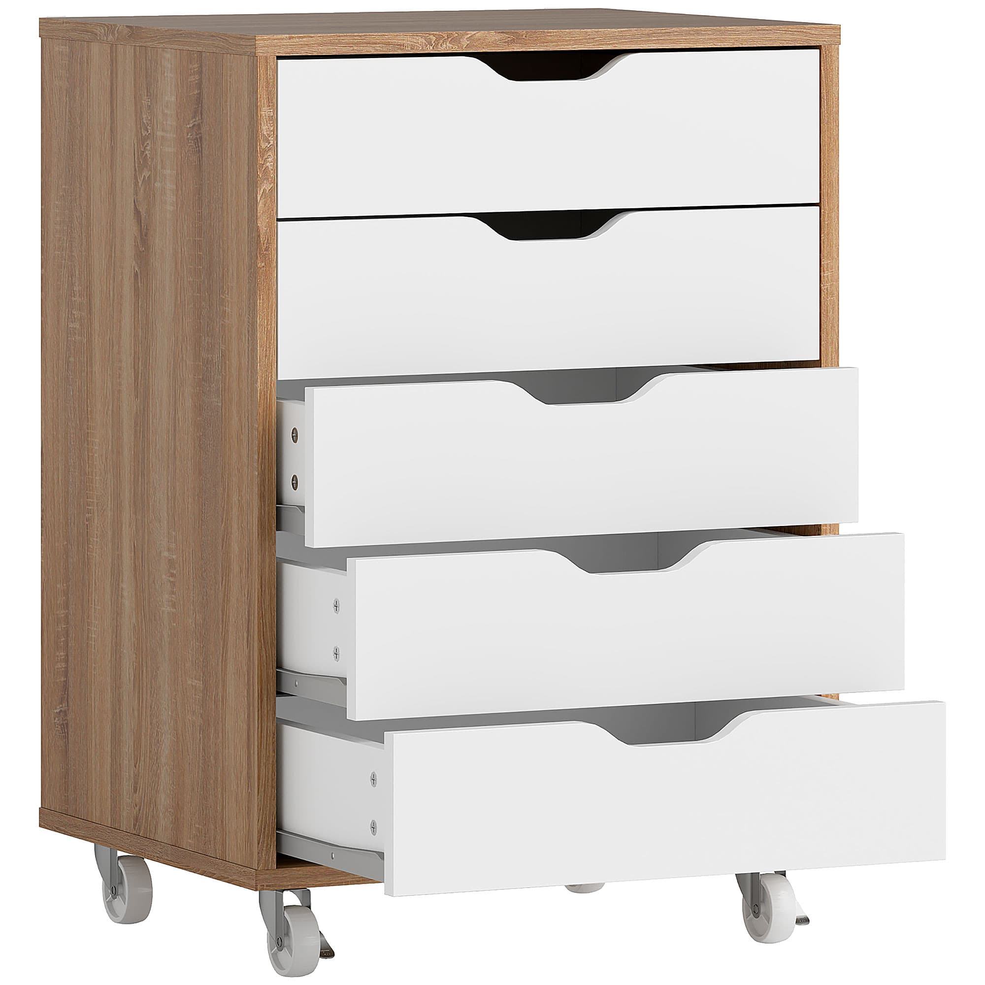 Vinsetto Five-Drawer Filing Cabinet, with Wheels - Oak Brown | Aosom UK