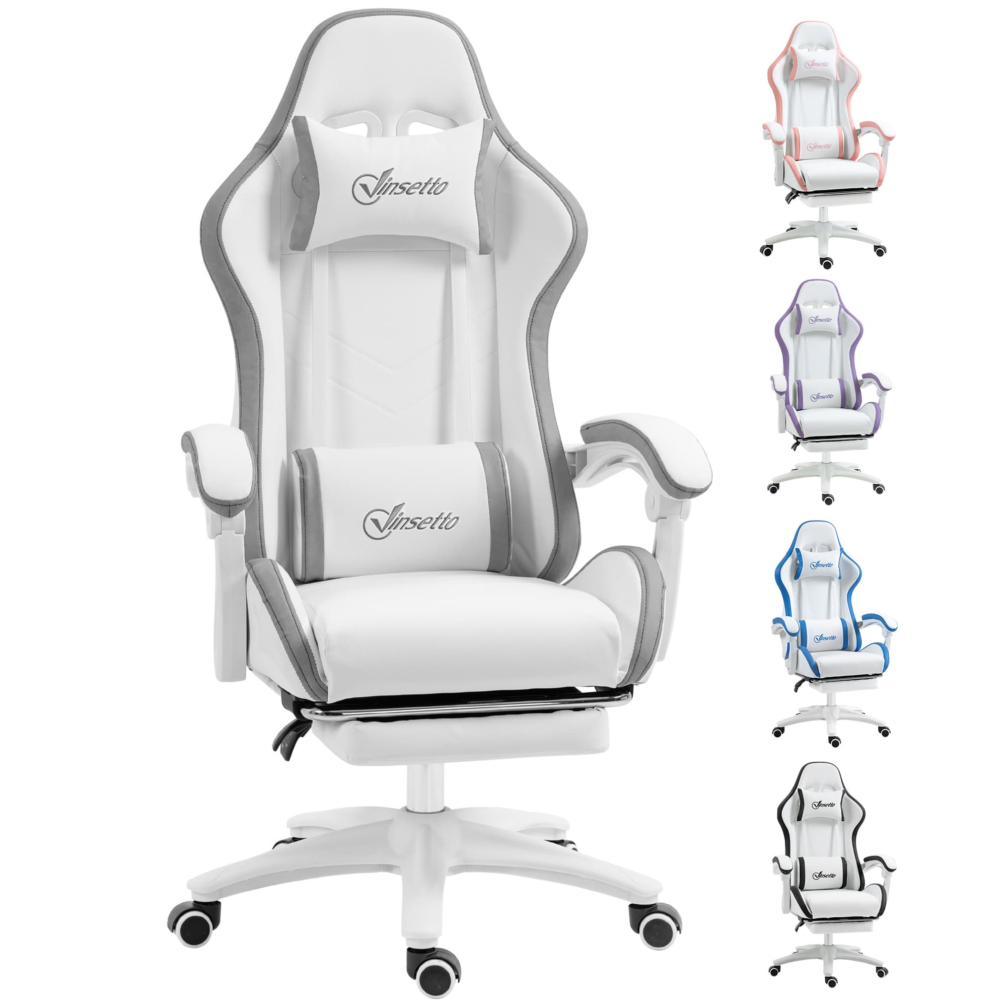 Vinsetto Racing Gaming Chair, Reclining PU Leather Computer Chair w/ 360 Degree Swivel Seat, Footrest, Headrest & Lumber, White | Aosom UK