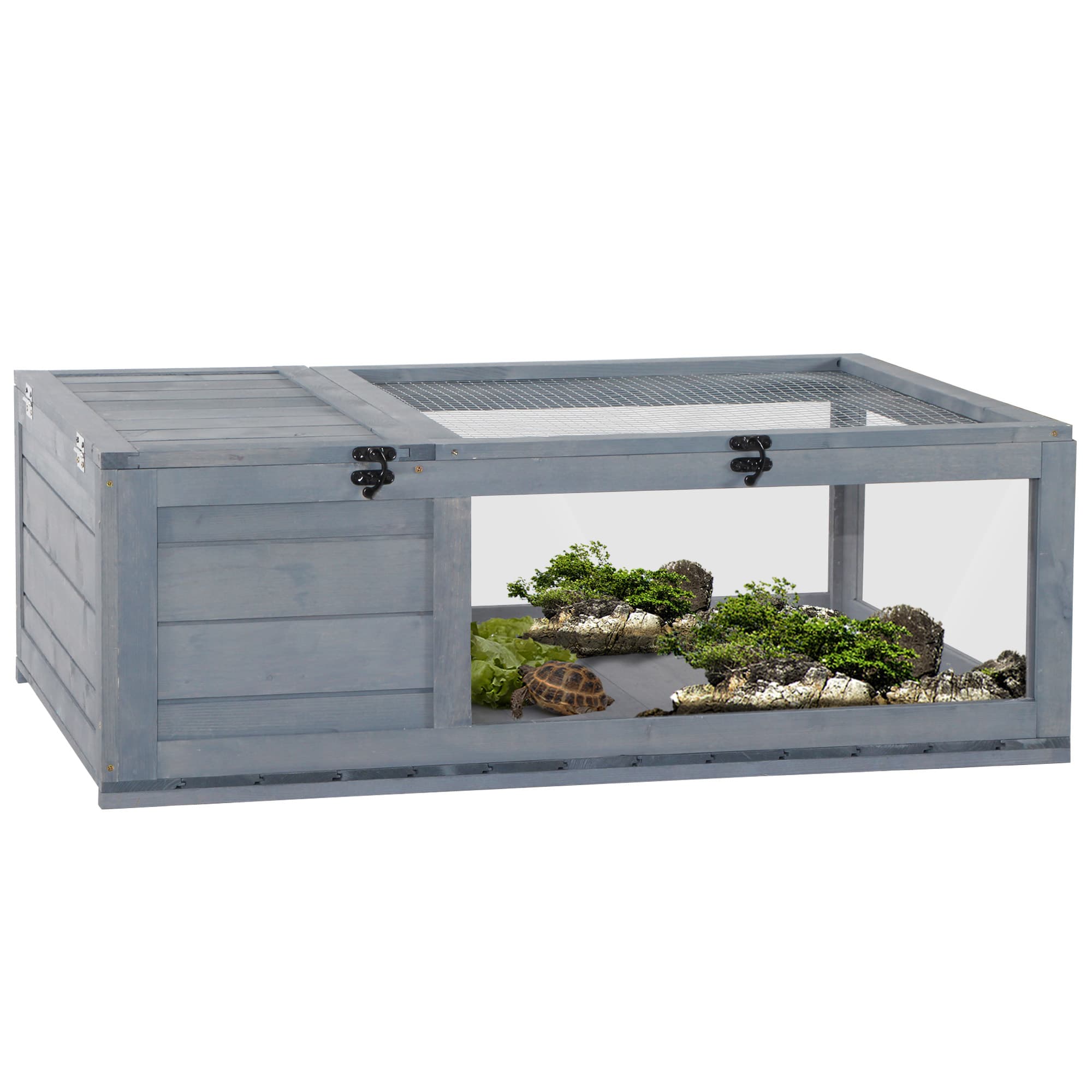 PawHut Tortoise House with Mesh Roof, Small Pet Reptile Wooden House, Tortoise Enclosure with Pulled-out Side Panel for Indoor, Outdoor, Grey