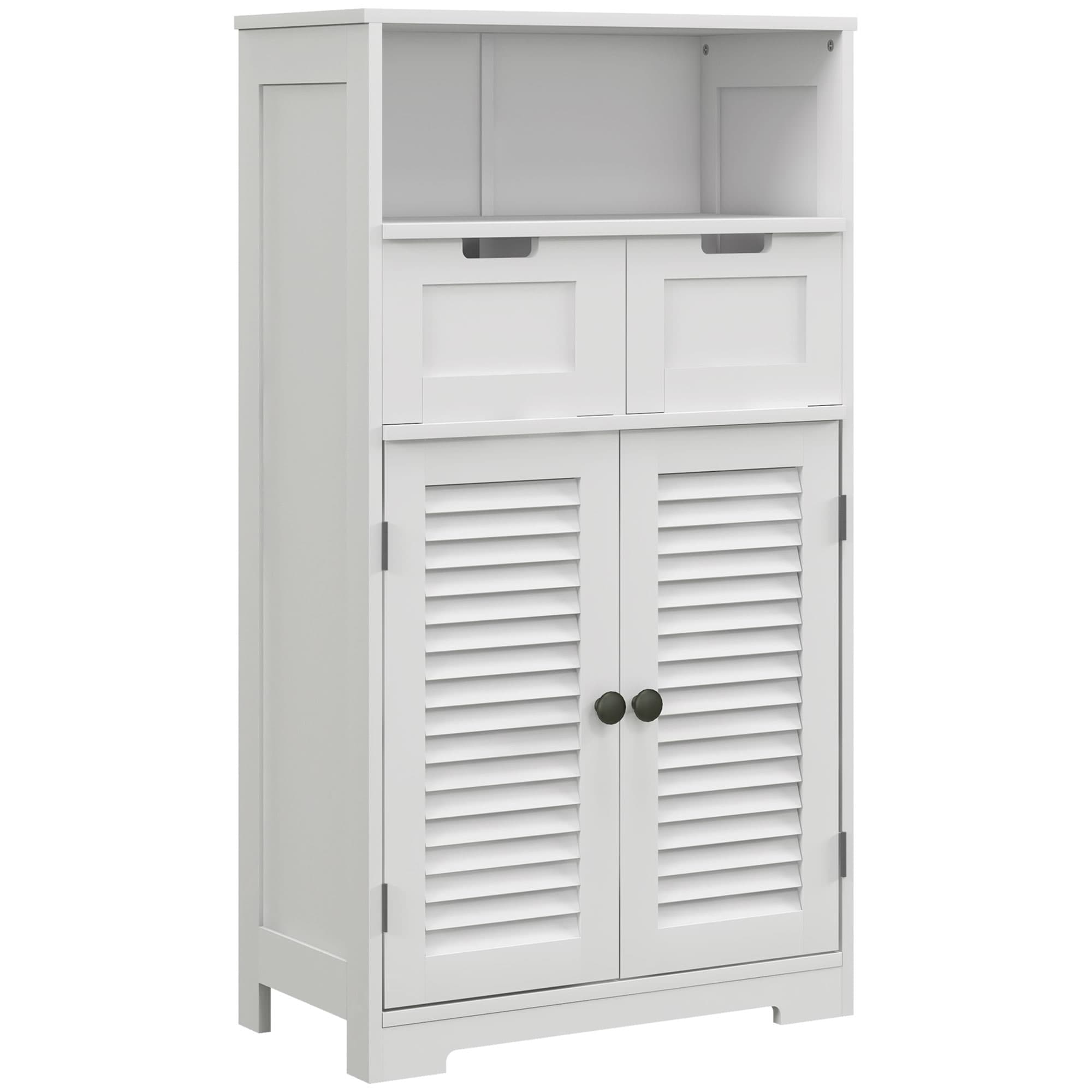 Kleankin Louvred Door Bathroom Storage Unit, Floor Cabinet with Drawers, Open Shelf, Adjustable Shelf, White | Aosom UK