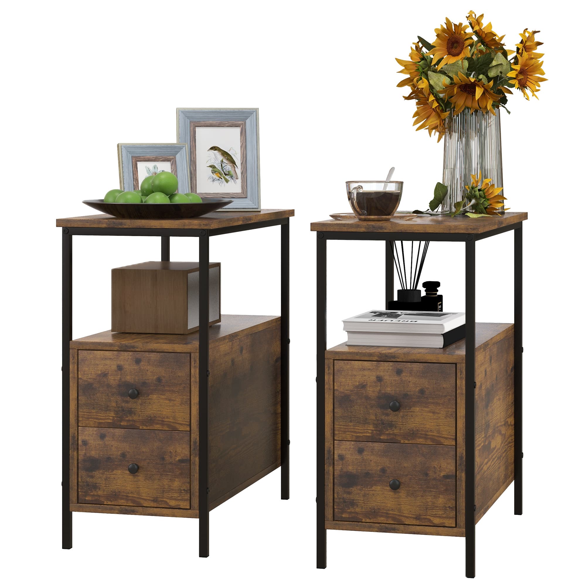 HOMCOM Set of 2 Side Table, Narrow Bedside Table with 2 Drawers and Storage Shelf, Industrial End Table with Metal Frame, Rustic Brown | Aosom UK