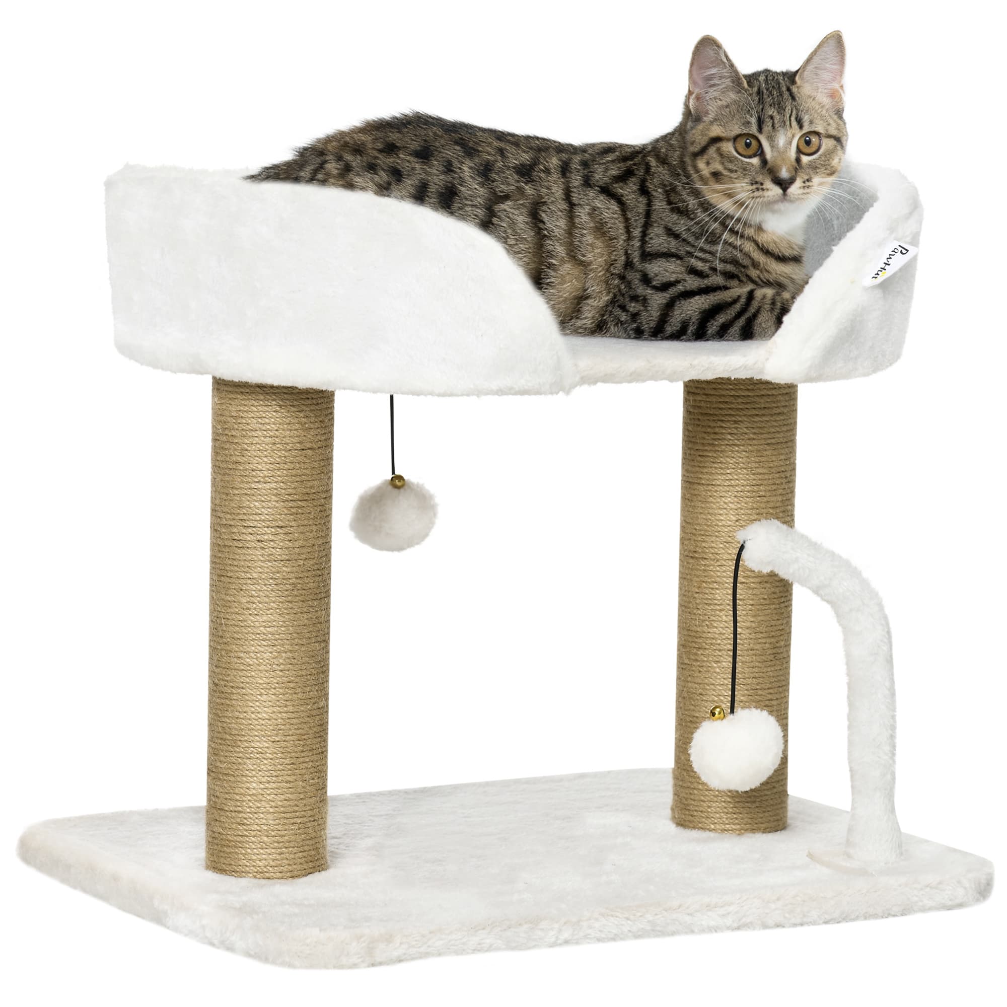 PawHut Kitten Climber: Indoor Cat Tree with Sisal Scratcher, Cosy Bed & Toy Balls, White Tower | Aosom UK