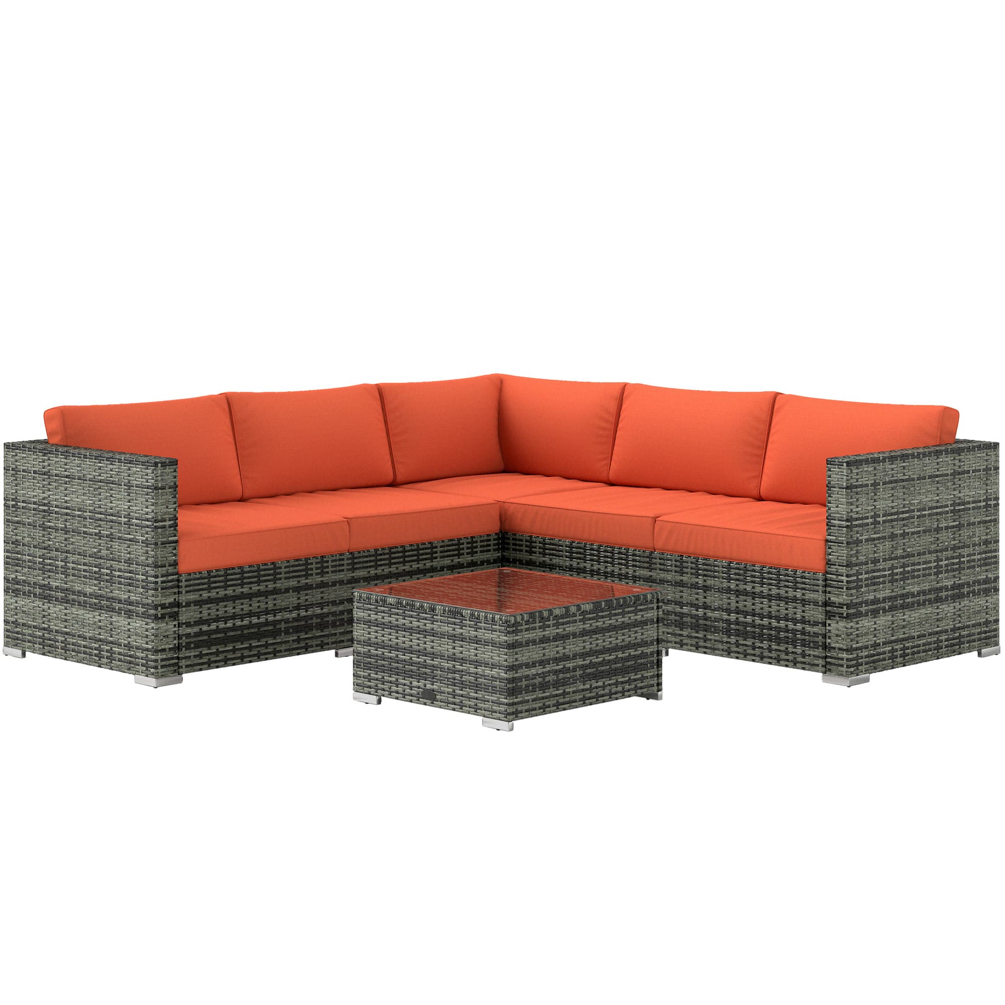 Outsunny 4 Pieces Rattan Sofa Set, Garden Corner Sofa Furniture Set with Corner Chair, Coffee Table & Cushions, Orange | Aosom UK