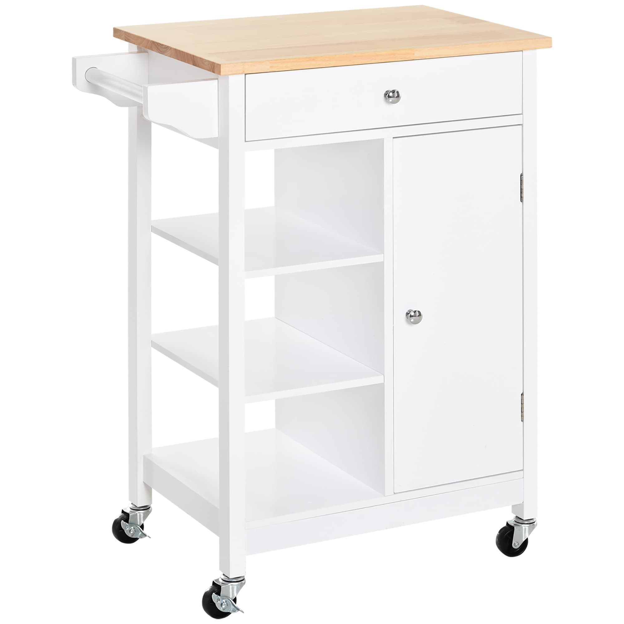 HOMCOM Kitchen Trolley with Wood Top, 3 Shelves, Drawer and Wheels, Compact Storage Unit, White | Aosom UK