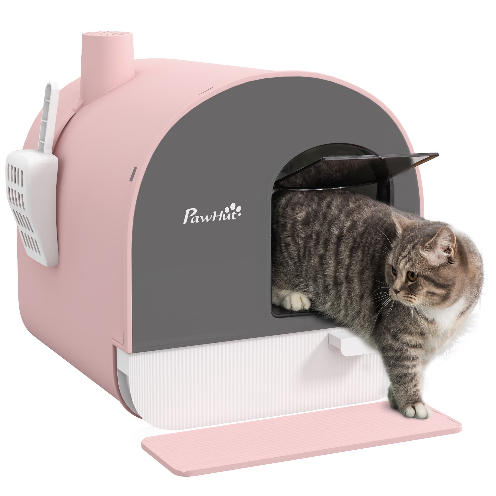 PawHut Hooded Cat Litter Box, Kitten Litter Tray, with Lid, Scoop, Filter, Flap Door, Pink | Aosom UK