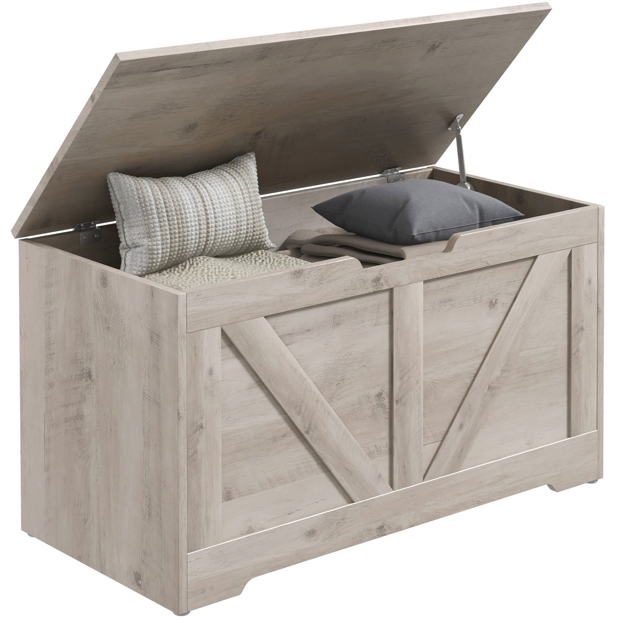 HOMCOM 100L Home Storage Box, with Safety Hinges - White Wood-Effect | Aosom UK