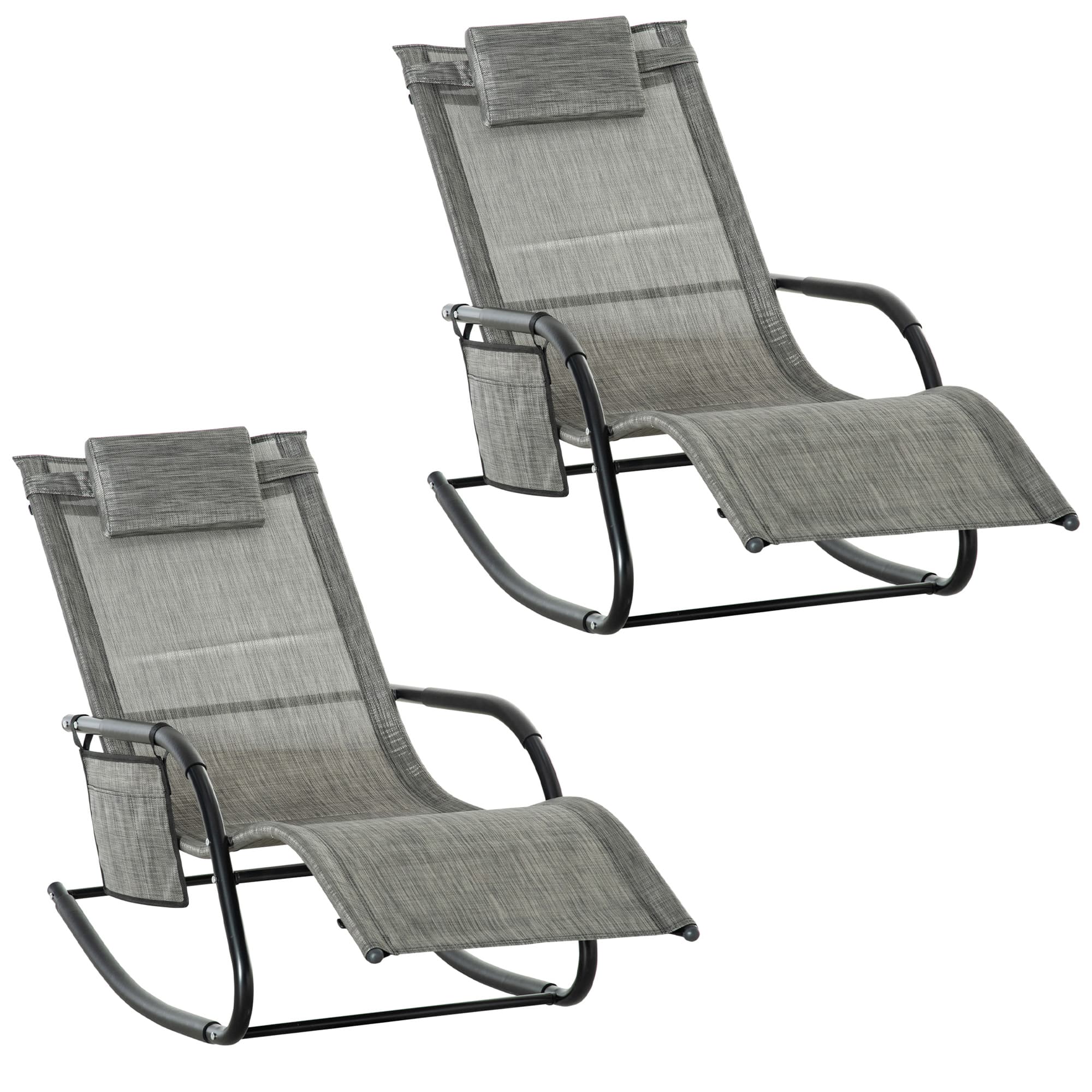 Outsunny 2Pcs Garden Rocking Chair, Patio Sun Lounger Rocker Chair w/ Breathable Mesh Fabric, Removable Headrest Pillow, Side Storage Bag, Dark Grey