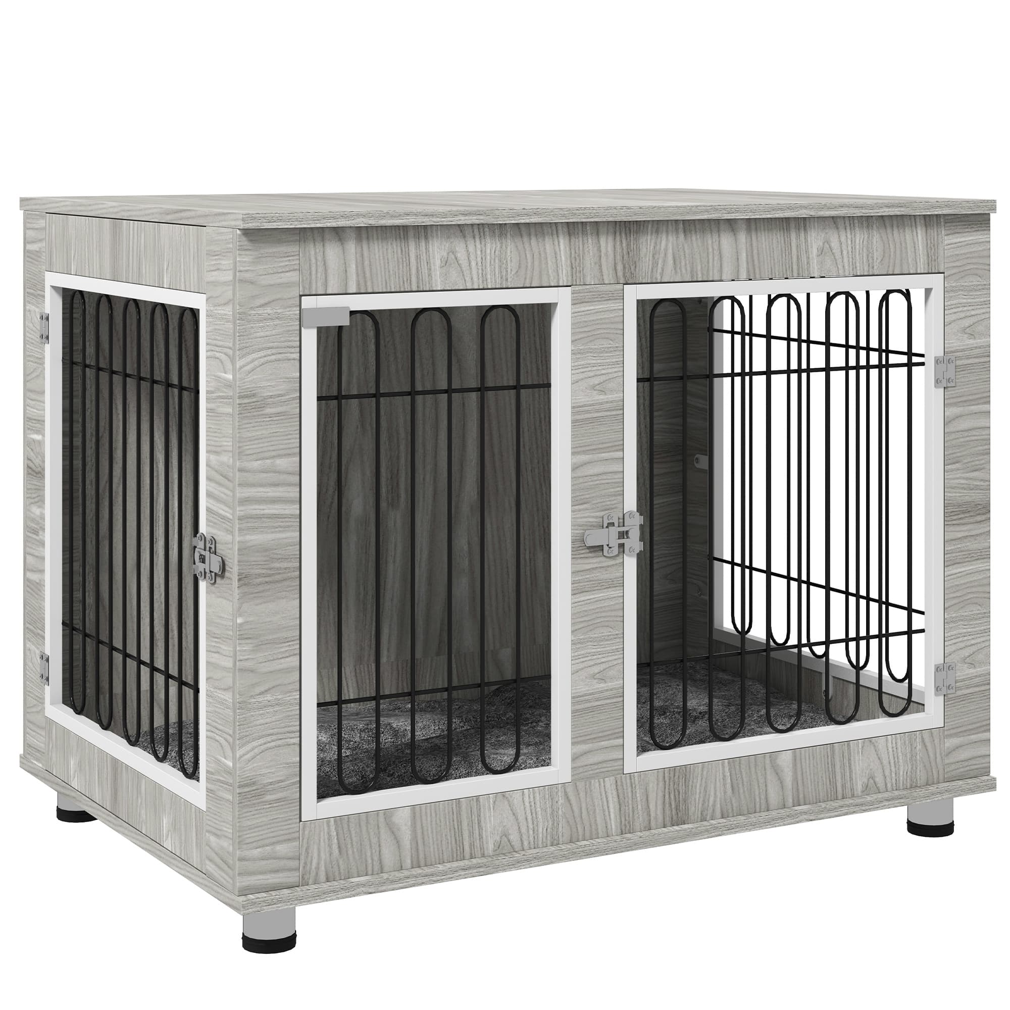 PawHut Dog Crate Furniture， Indoor Dog Kennel w/ Soft Cushion & Double Doors, for Large Dogs,  106 x 74 x 81.5cm, Grey | Aosom UK