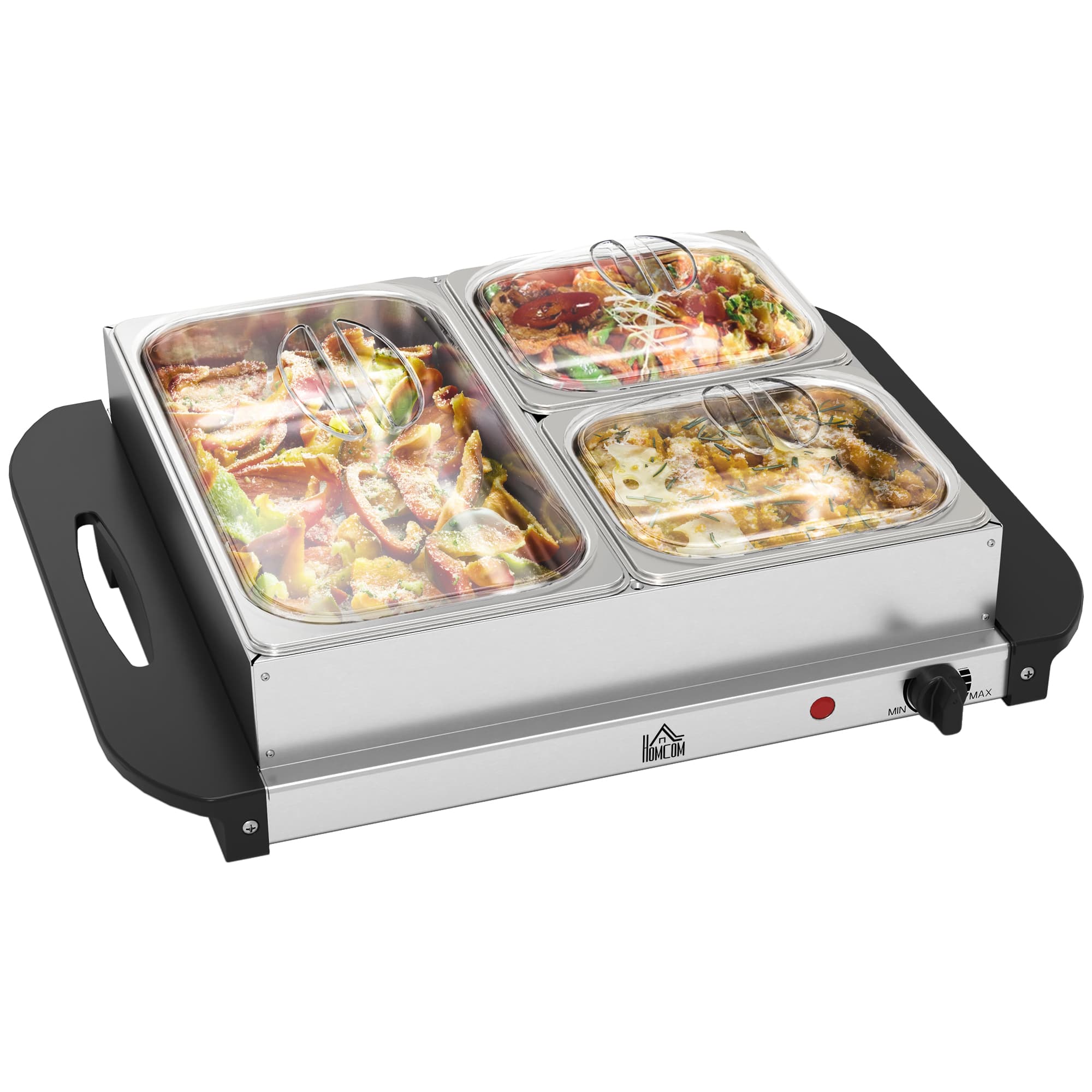 HOMCOM Electric Food Warmer 4 Tray, 6L Portable Buffet Server and Warming Tray with Lids, Adjustable Temperature Control and Cool Touch Handles, 200W, 2 x 2.5L and 1 x 1L | Aosom UK