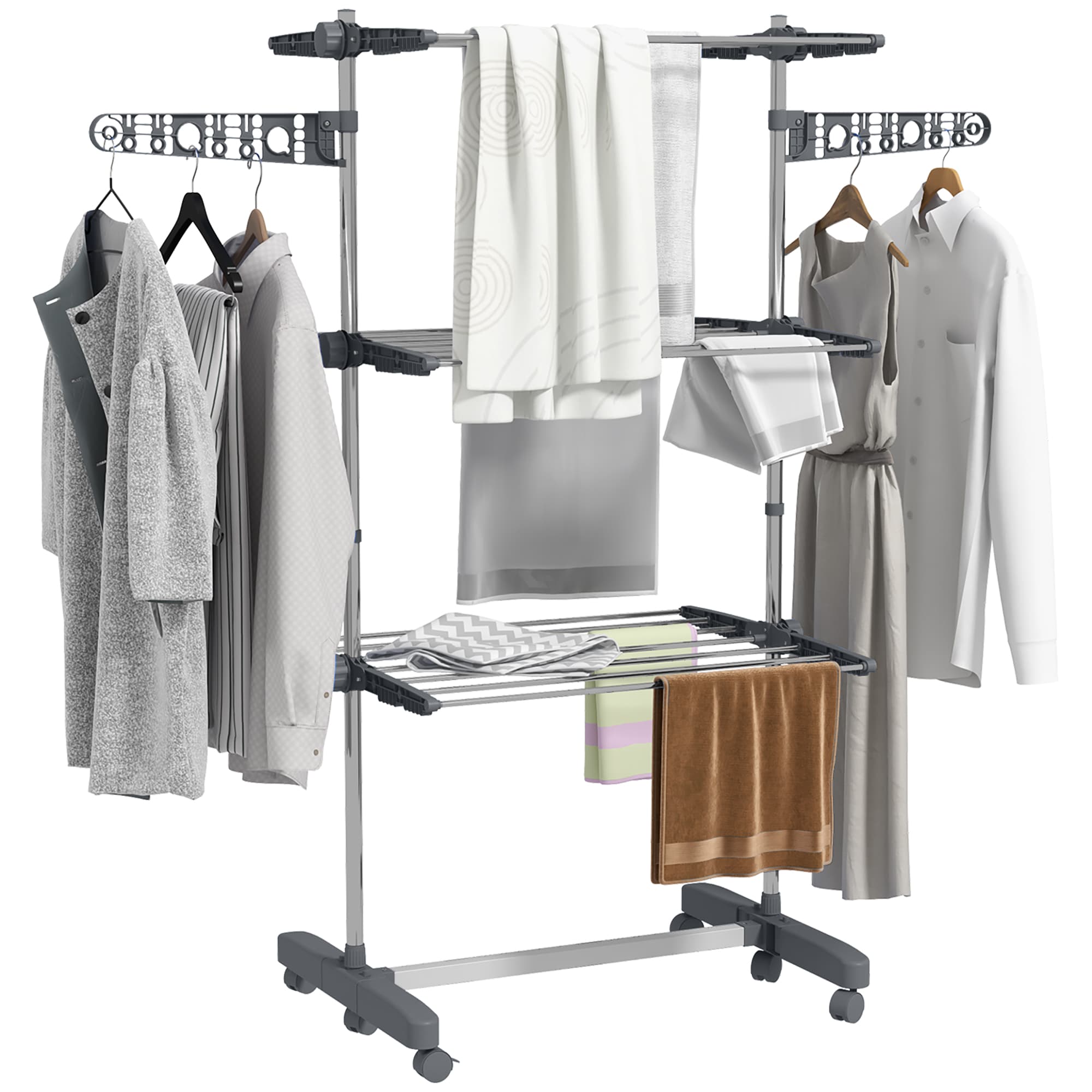 HOMCOM 3-Tier Clothes Airer, Foldable Clothes Drying Rack, Stainless Steel Indoor/Outdoor Clothes Dryer with Wheels & Wings, 142 | Aosom UK