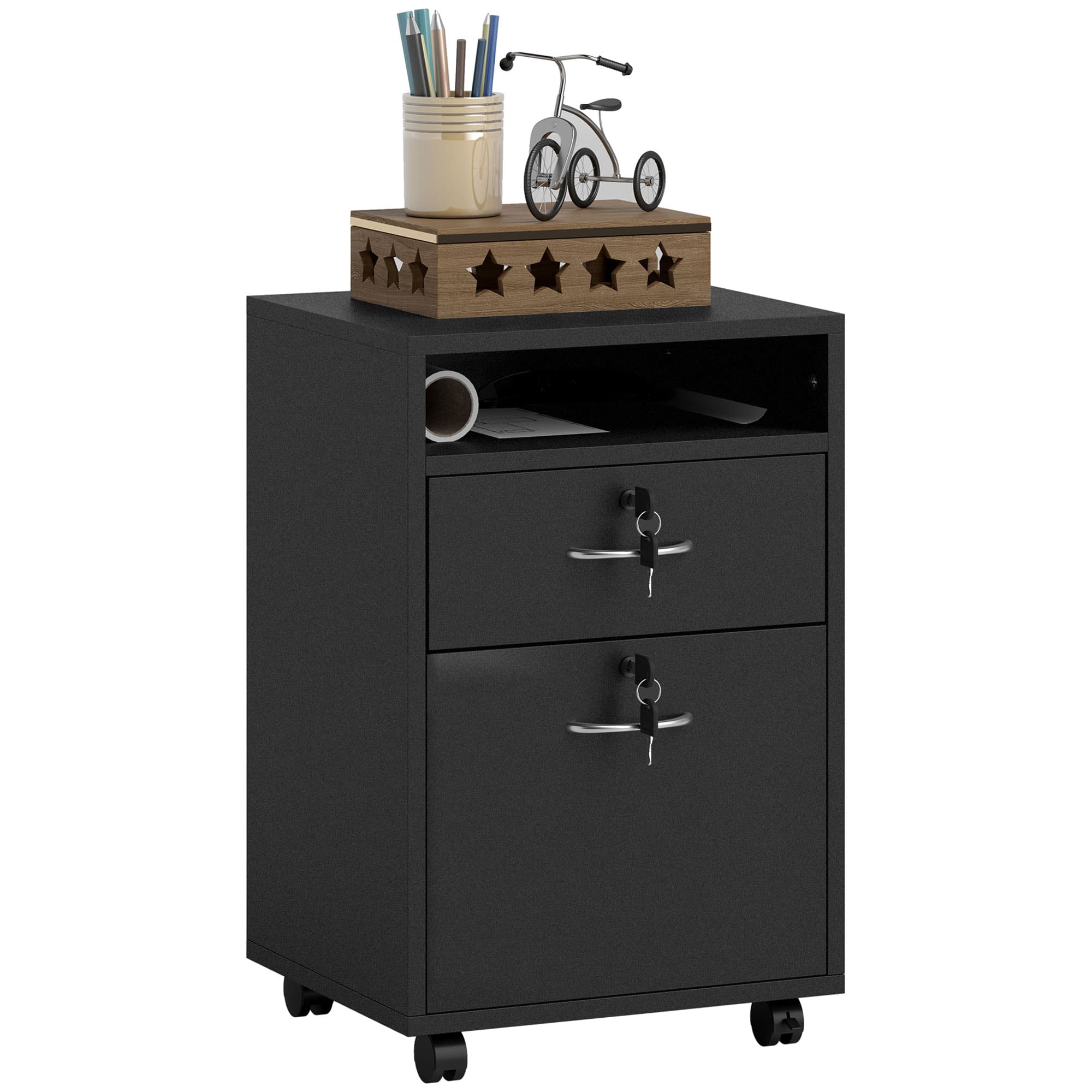HOMCOM 60cm Storage Cabinet with Drawer, Open Shelf, Metal Handles and 4 Wheels, Office Home Organiser Mobile Printer, Black | Aosom UK