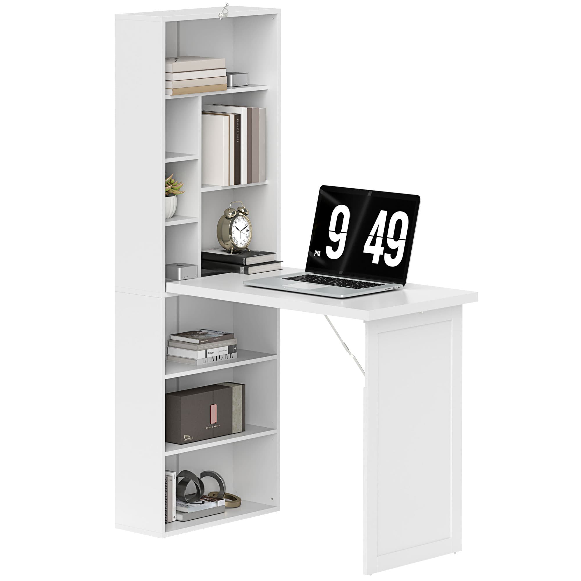 HOMCOM Fold Out Desk with Shelf & Writing Board Folding Office Desk Space-saving Design for Small Rooms or Multipurpose Corners, White | Aosom UK