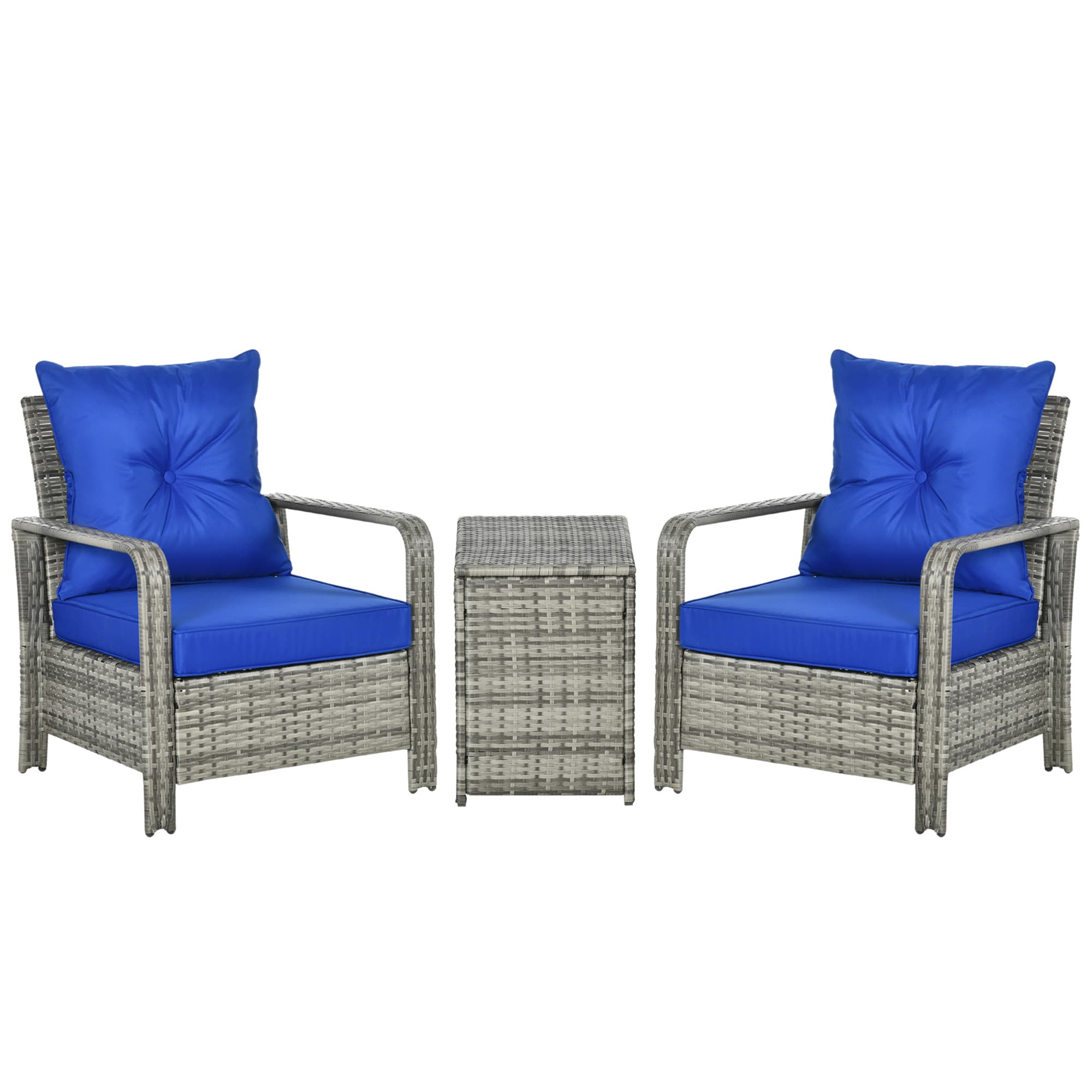 Outsunny 3 pcs PE Rattan Wicker Garden Furniture Patio Bistro Set Weave Conservatory Sofa Storage Table and Chairs Set Blue Cushion Grey Wicker