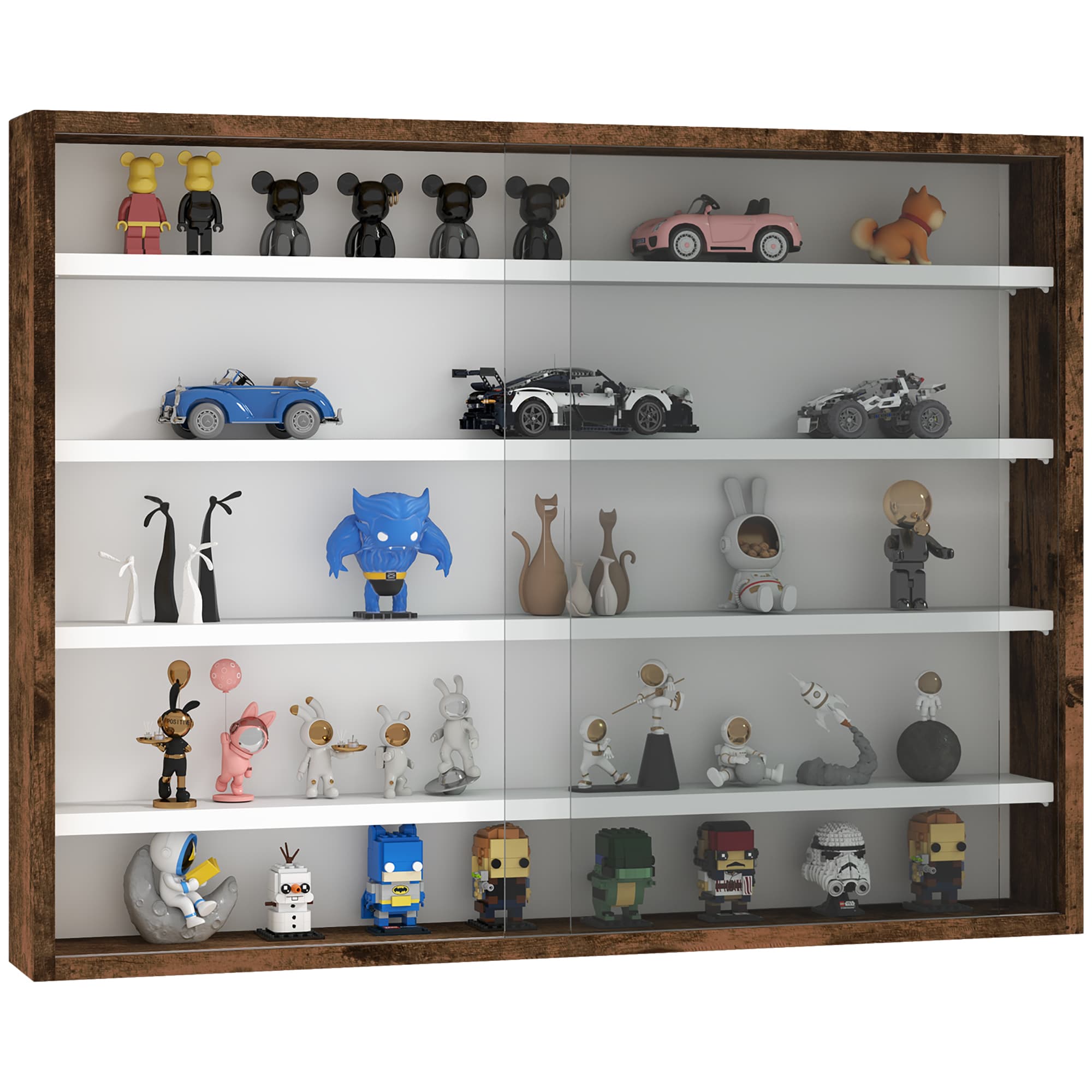 HOMCOM 5-Tier Wall Display Shelf Unit Cabinet w/ 4 Adjustable Shelves Glass Doors Home Office Ornaments 60x80cm Rustic brown | Aosom UK
