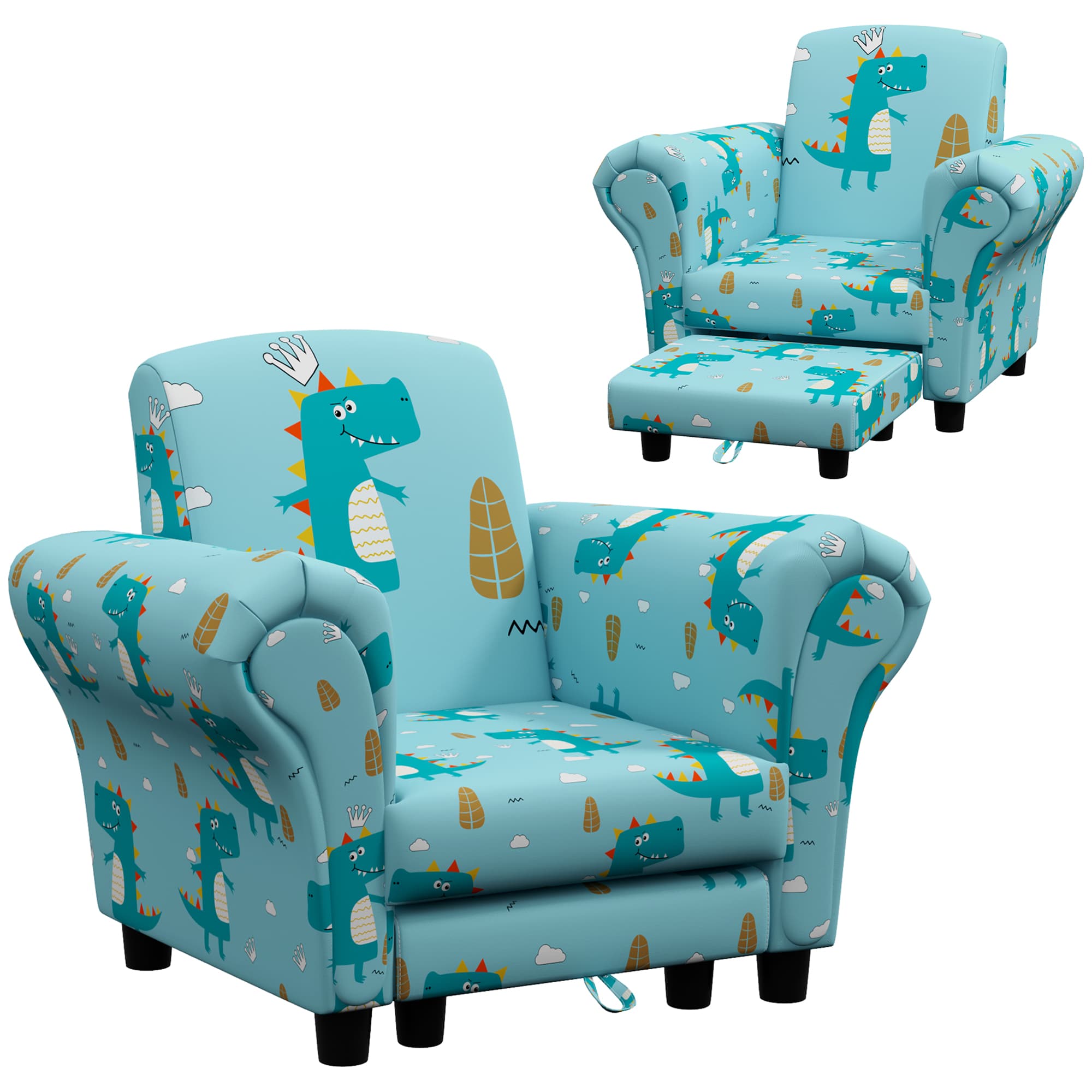 AIYAPLAY 2 Piece Kids Sofa Set with Dinosaur Design, Wooden Frame, for 1.5-3 Years Old, Blue | Aosom UK