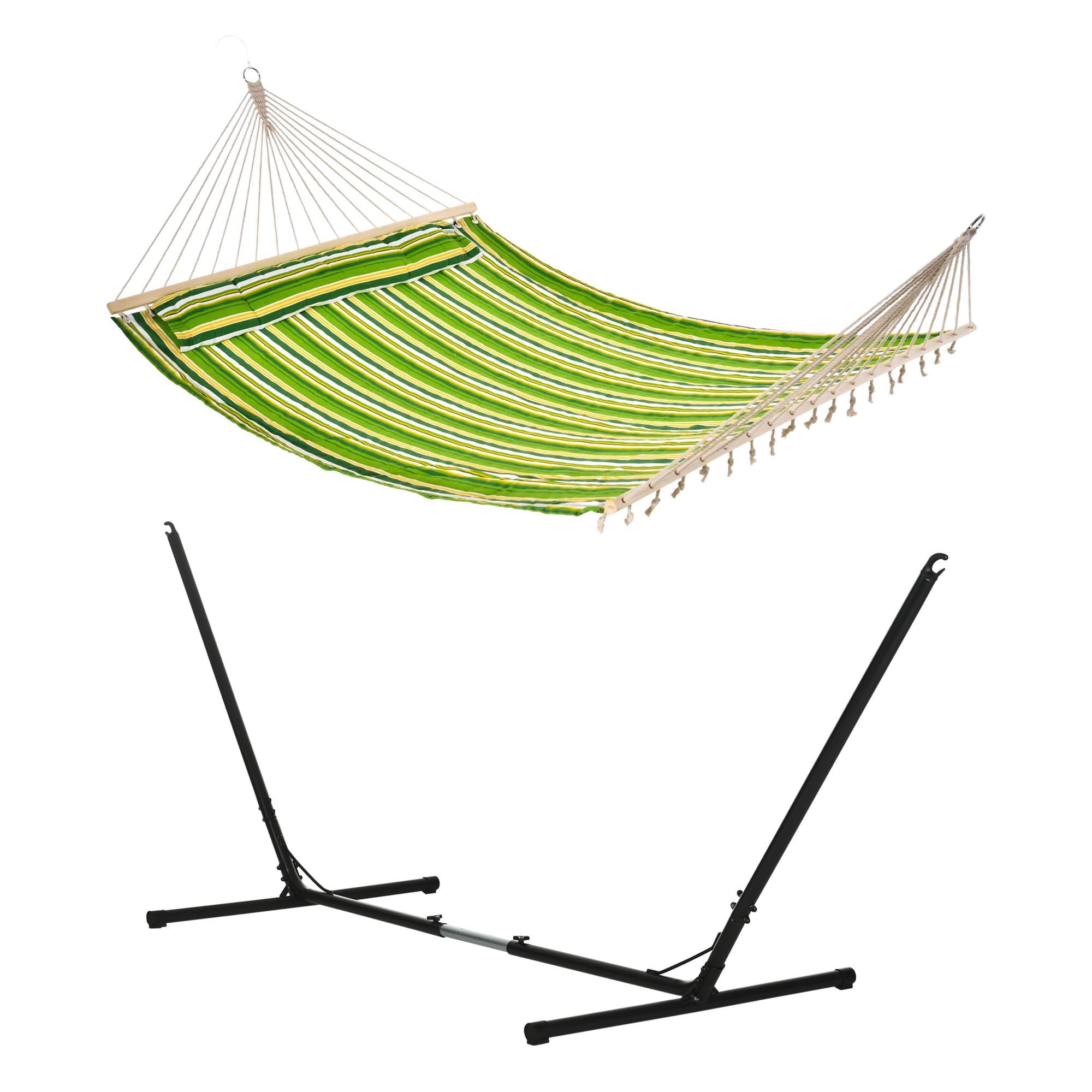 Outsunny Outdoor Garden Hammock with Stand, Double Cotton Hammock with Adjustable Steel Frame, Swing Hanging Bed with Pillow, for Garden | Aosom UK
