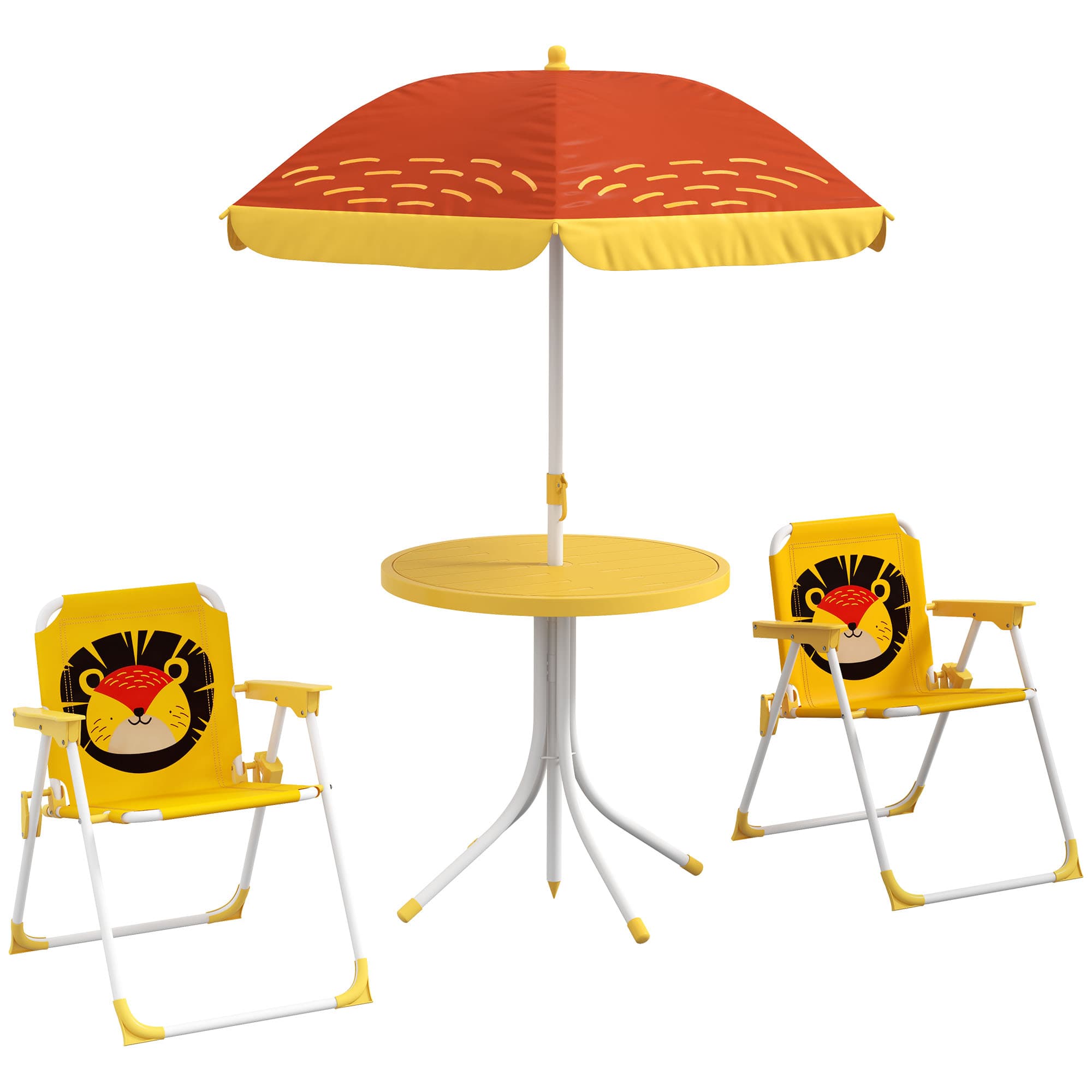 Outsunny Lion Themed Kids Outdoor Picnic Table & Chair Set, with Foldable Chairs, Adjustable Parasol, Yellow | Aosom UK