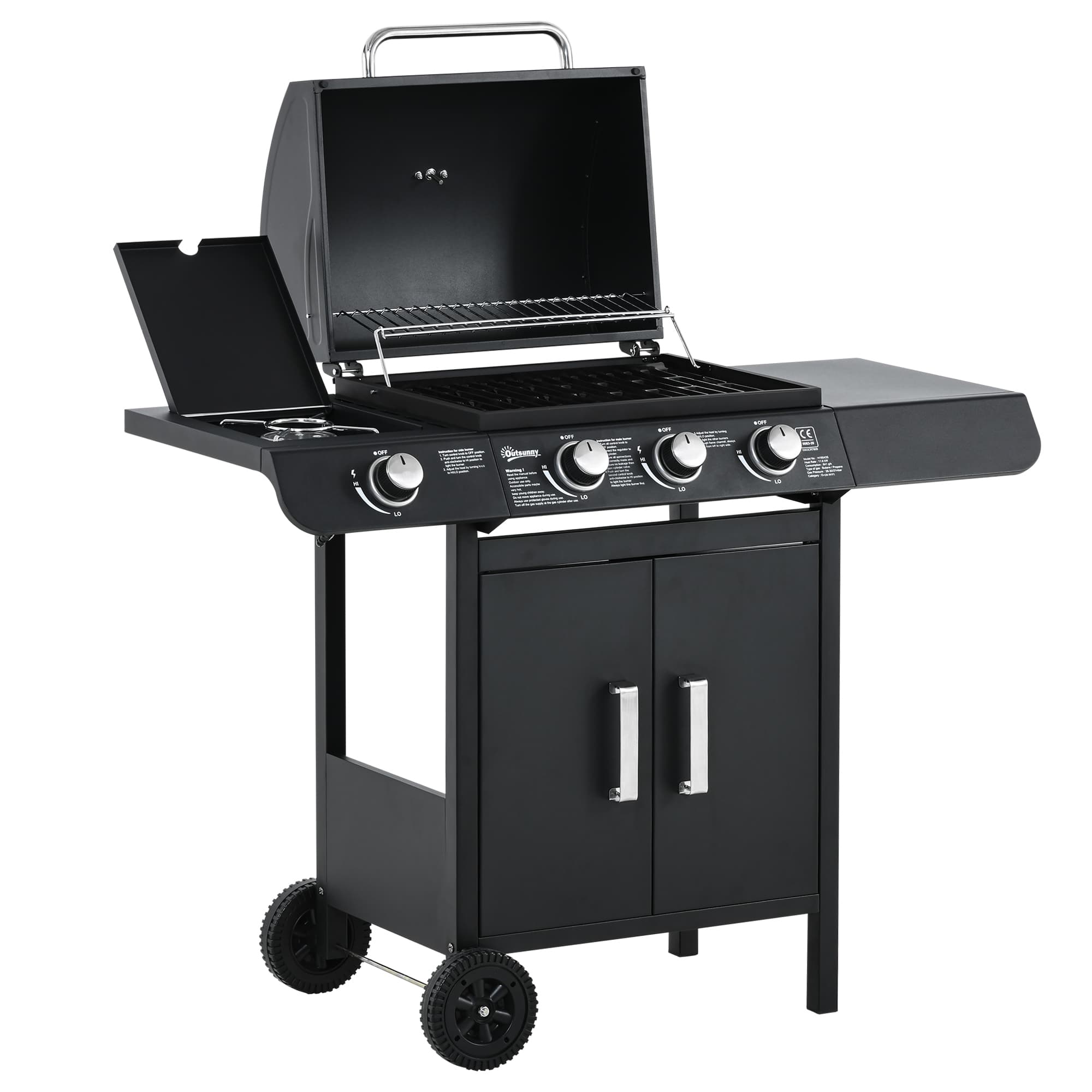 Outsunny Gas BBQ Gas Grill Barbecue 3+1 Burner Garden BBQ Trolley w/ Side Burner Warming Rack Side Shelves Piezo Ignition 110x50x100cm | Aosom UK