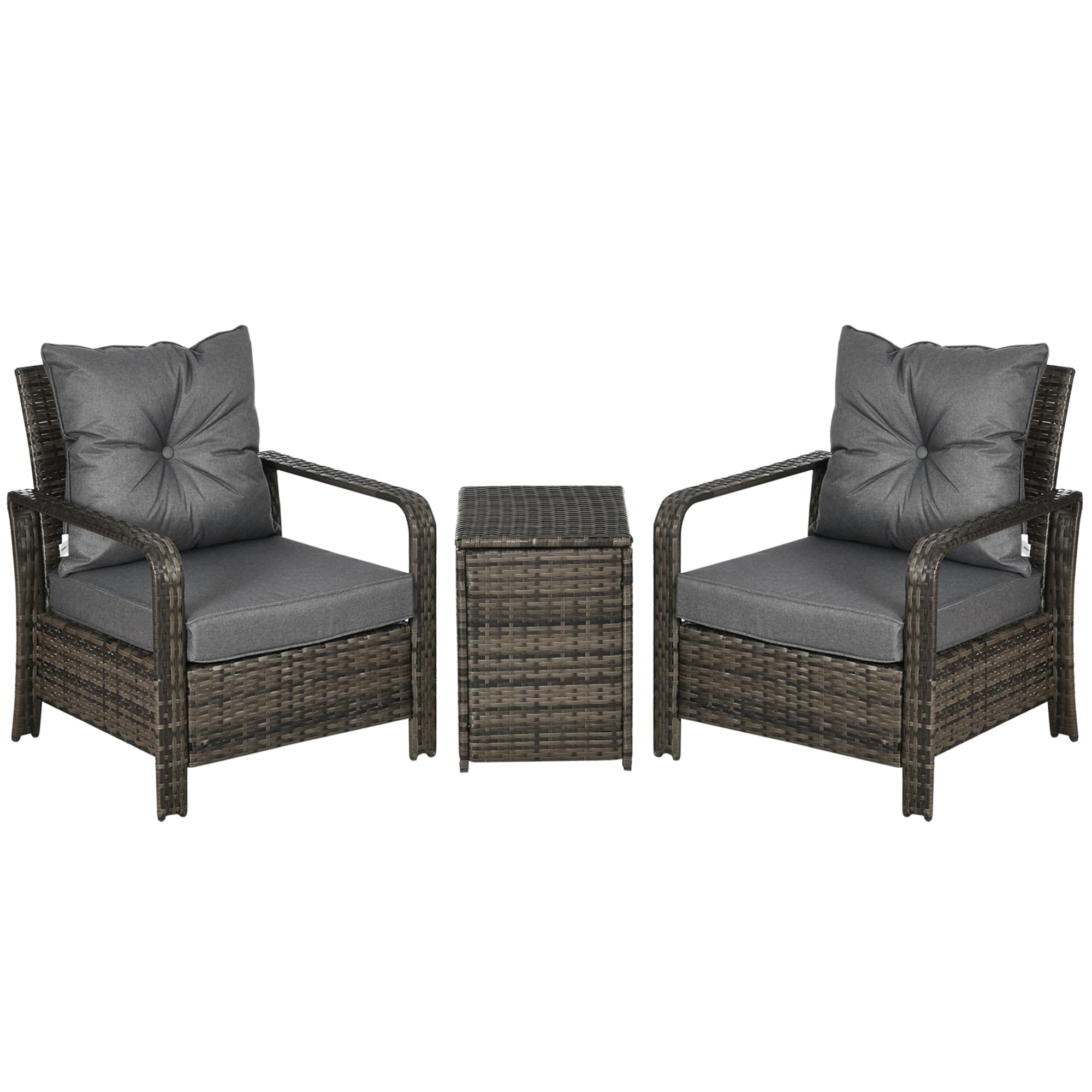 Outsunny 3 pcs PE Rattan Wicker Garden Furniture Patio Bistro Set Weave Conservatory Sofa Storage Table and Chairs Set Grey Cushion | Aosom UK