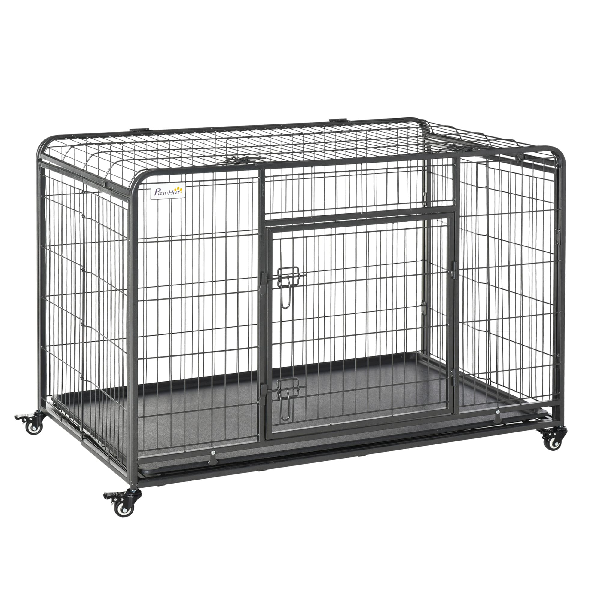 PawHut Folding Heavy-Duty Dog Crate: Double Door Pet Kennel with Removable Tray, Lockable Wheels, 125cm x 76cm x 81cm | Aosom UK