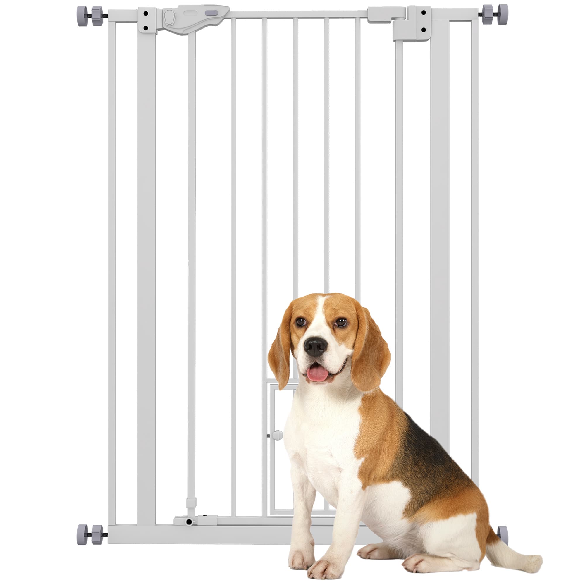 PawHut Extra Tall Pet Gate, Indoor Dog Safety Gate, with Cat Flap, Auto Close, 74-80cm Wide - White | Aosom UK