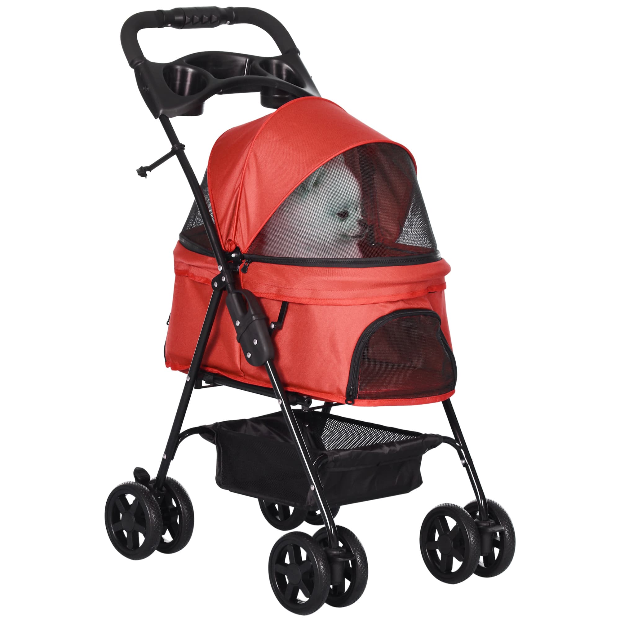PawHut Pet Pram: No-Zip Foldable Trolley with EVA Wheels, Brake, Basket, Canopy & Leash, Crimson Red | Aosom UK