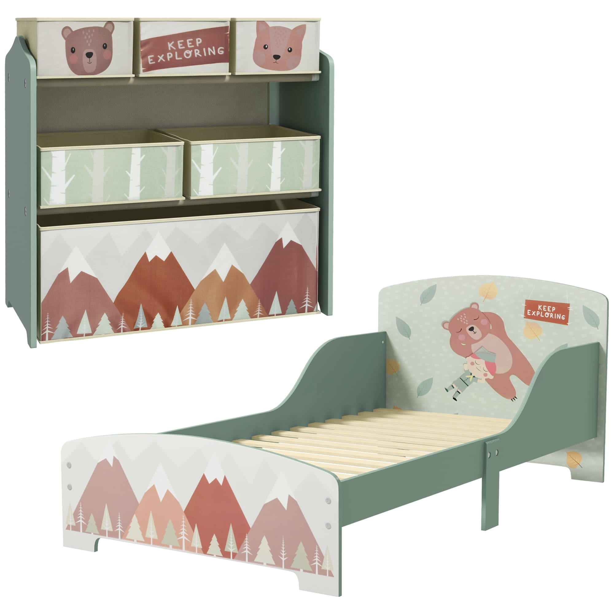 ZONEKIZ Toddler Bed Frame, Kids Storage Shelf Unit with 6 Fabric Bins for Ages 3-6 Years, Green | Aosom UK