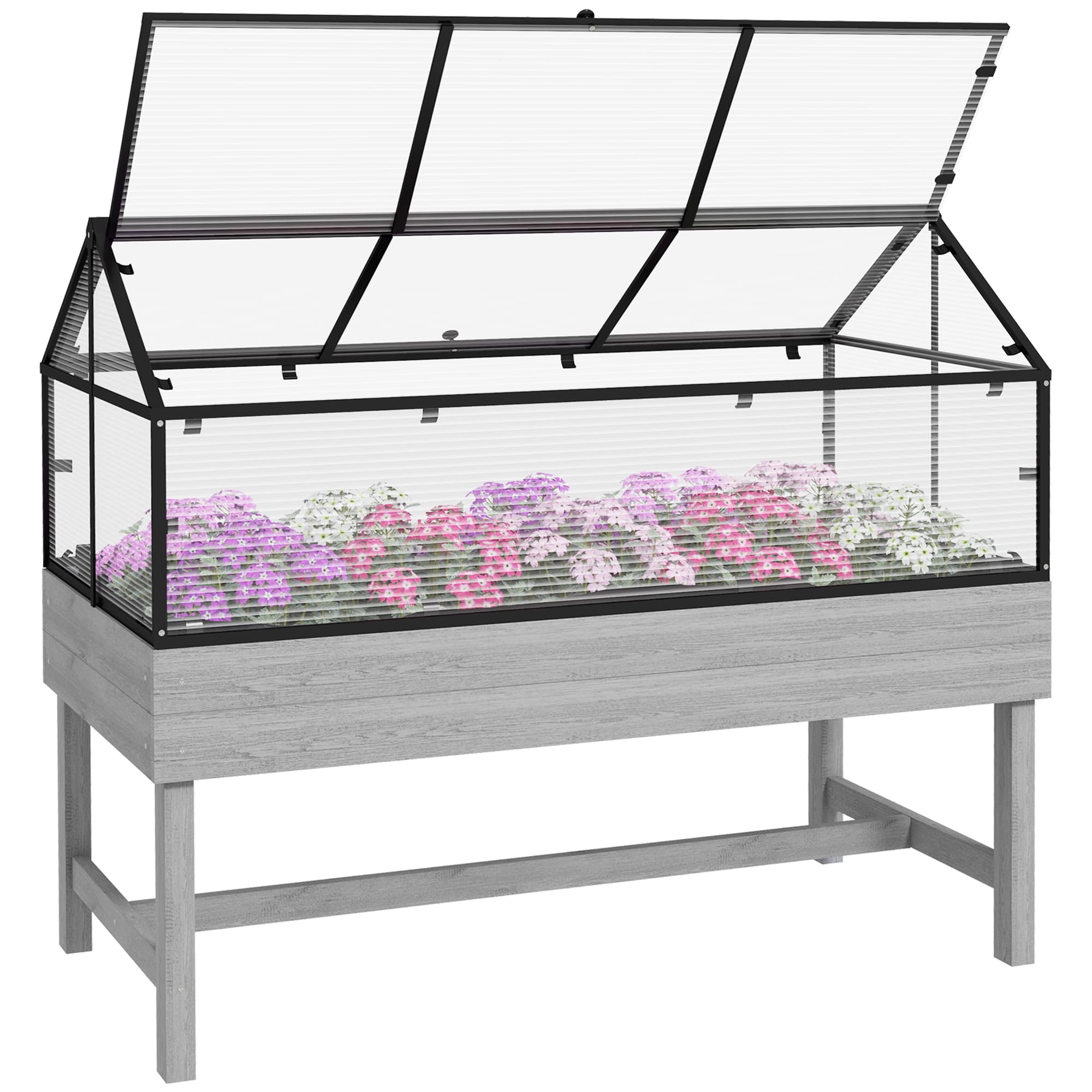 Outsunny Elevated Wood Planter with Mini Greenhouse Raised Garden Bed with PC Panel Top Vent 120 x 60 x 103cm Distressed Grey