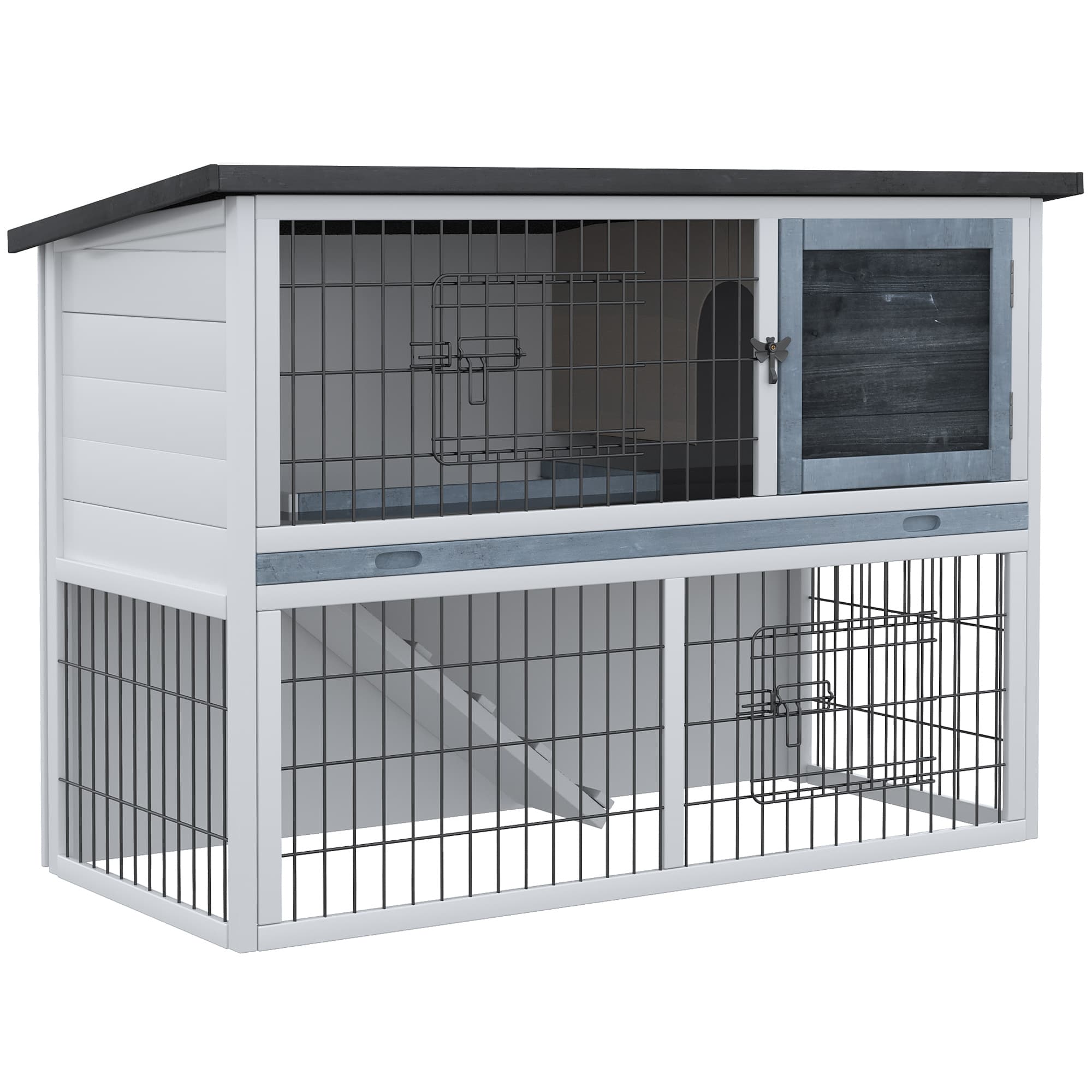 PawHut Small Animal Two-Level Fir Wood Hutch w/ Slide Out Tray Grey | Aosom UK