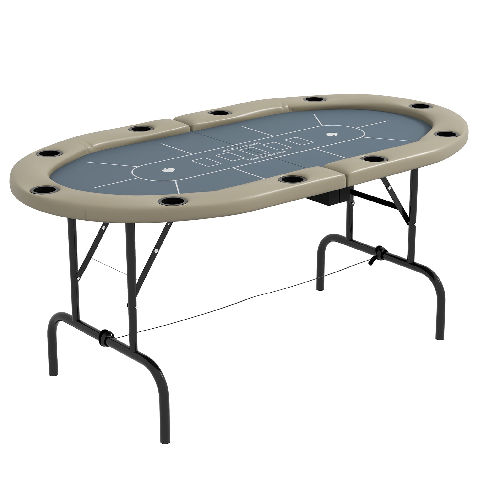 SPORTNOW 10 Player Folding Poker Table, Oval Portable Blackjack Casino Table with Cup Holders and Felt Top, 178 x 89 x 70cm, Brown & Blue | Aosom UK