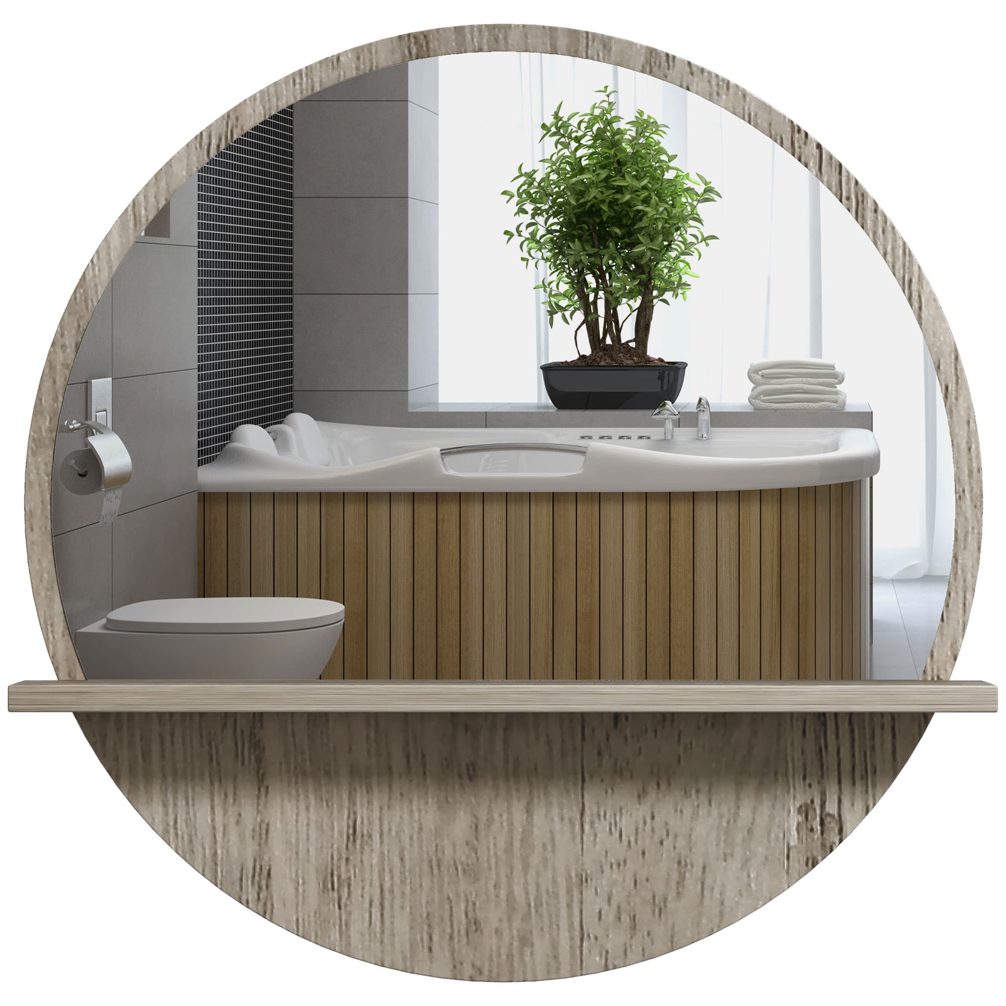 kleankin 45cm Round Home Mirror, with Shelf - Grey Wood-Effect | Aosom UK