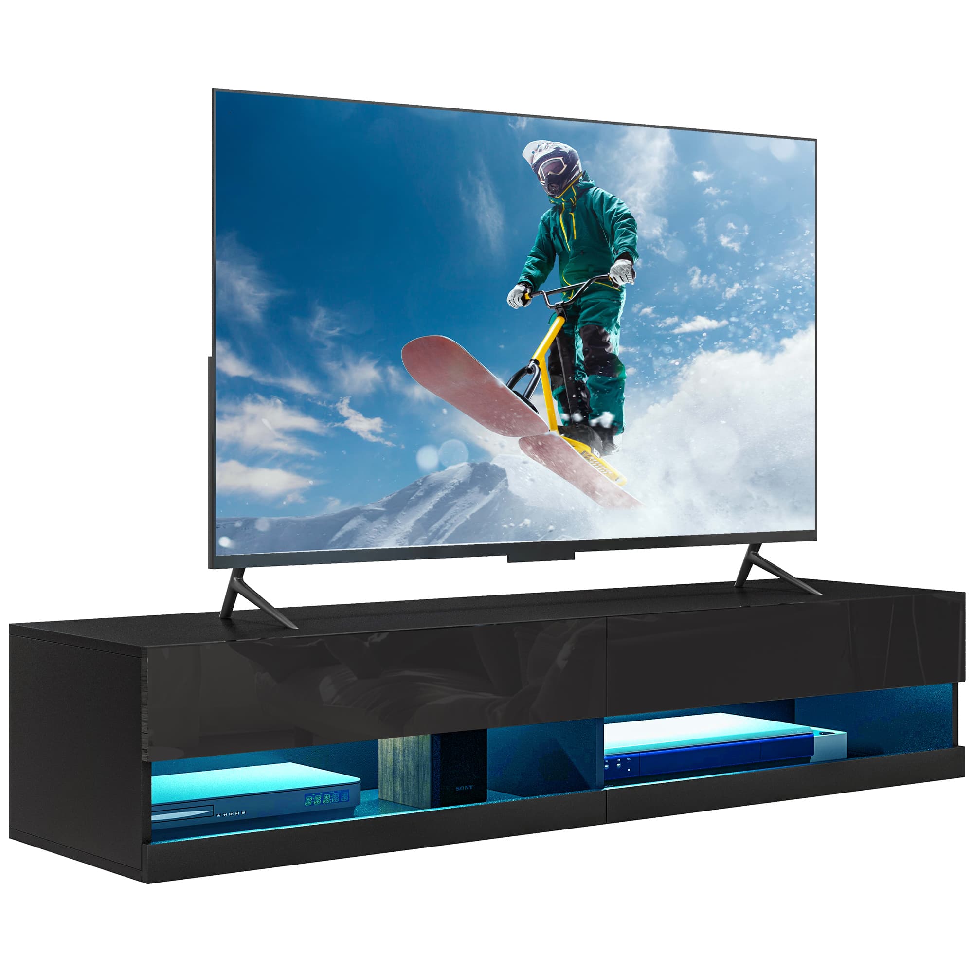 HOMCOM Floating TV Unit Wall Mounted TV Cabinet, High Gloss Media Wall Unit with LED Lights, Storages Shelves for Entertainment Black | Aosom UK