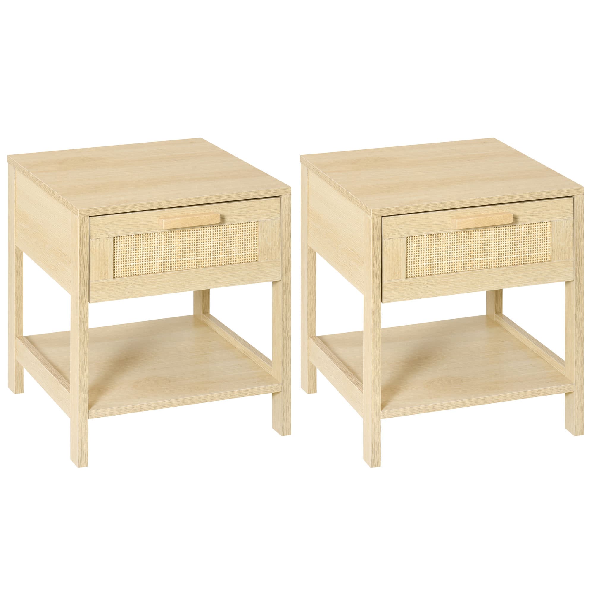 HOMCOM Bedside Nightstand Set of 2, with Rattan Drawer and Storage Shelf, for Bedroom, Living Room | Aosom UK