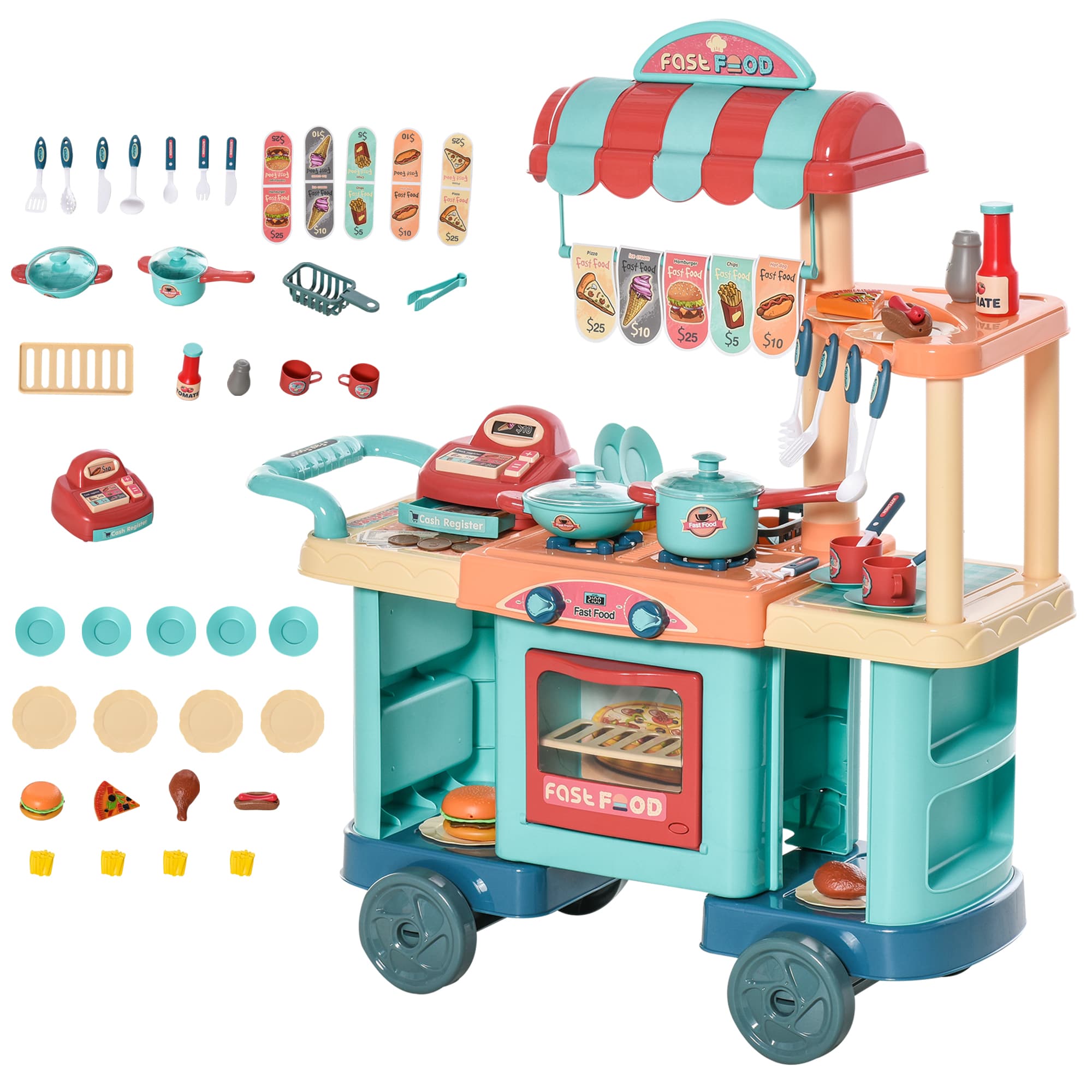 HOMCOM 50 Pcs Kids Kitchen Play set Fast Food Trolley Cart Pretend Playset Toys w/ Money Cash Register Accessories Gift for Age 3-6 | Aosom UK
