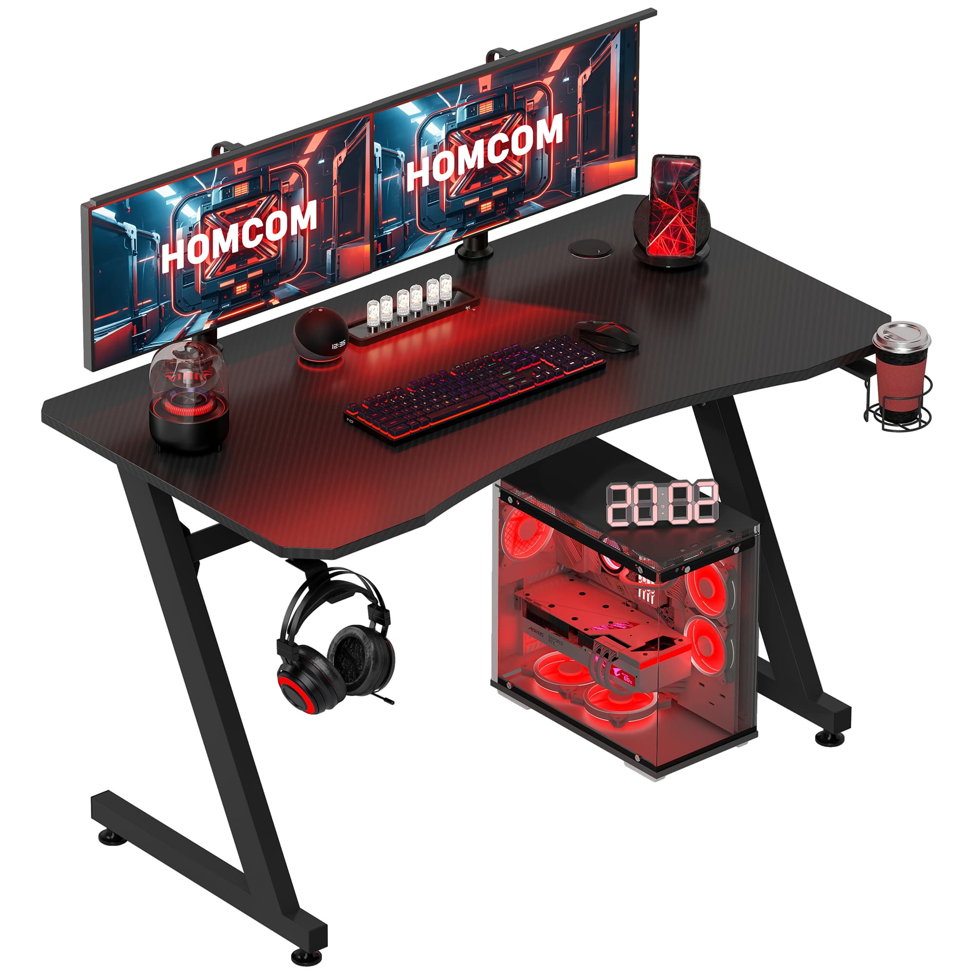 HOMCOM Ergonomic Gaming Desk, Steel Frame, Cup Holder, Headphone Hook, Adjustable Feet, Cable Management, Home Office, Black. | Aosom UK