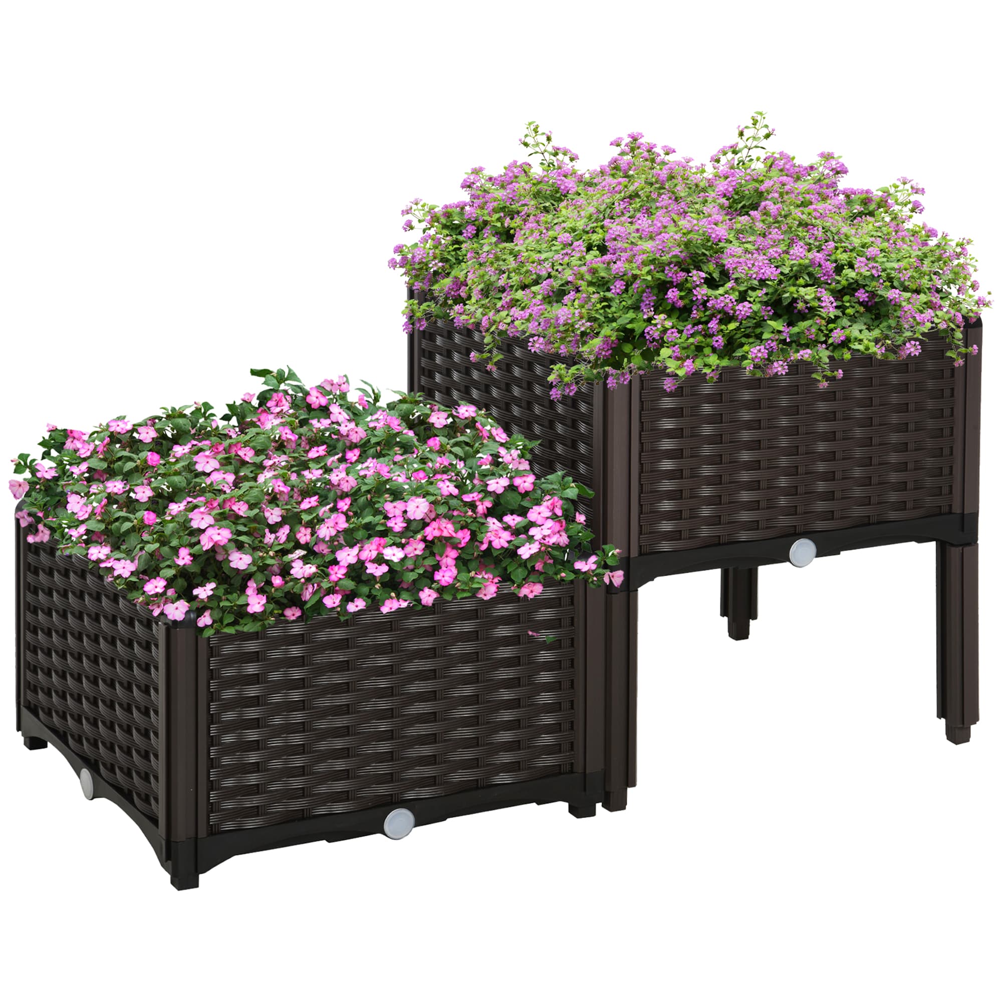 Outsunny Set of 2 Garden Raised Bed Elevated Patio Flower Plant Planter Box PP Vegetables Planting Container, Brown | Aosom UK
