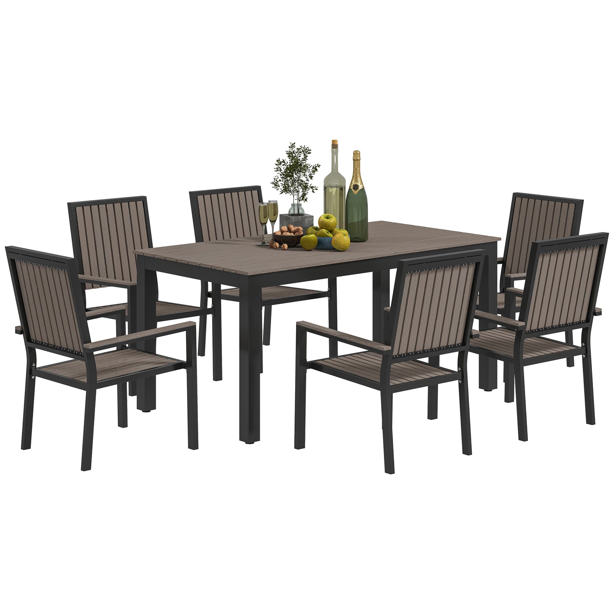 Outsunny 6 Seater Garden Dining Set with Stackable Chairs, Rectangular Plastic Top, Outdoor Dining Table and Chairs for Patio, Balcony, Brown
