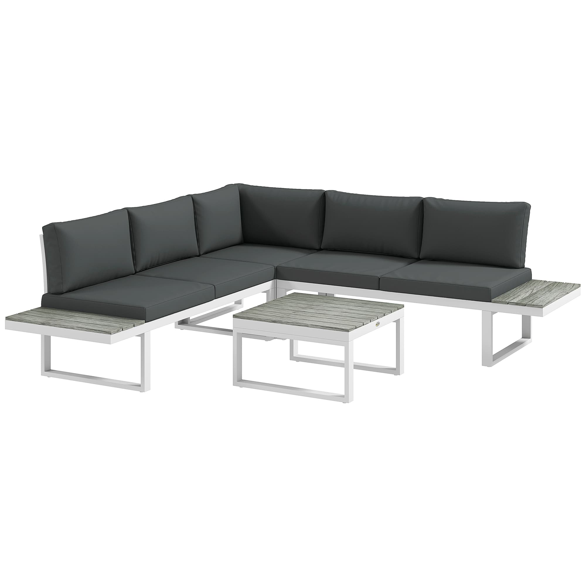 Outsunny 4 Pcs Patio Garden Set w/ 5-Level Recline Corner Sofa, Garden Lounge Sectional Conversation Sofa Set w/ Cushions, Coffee Table, White