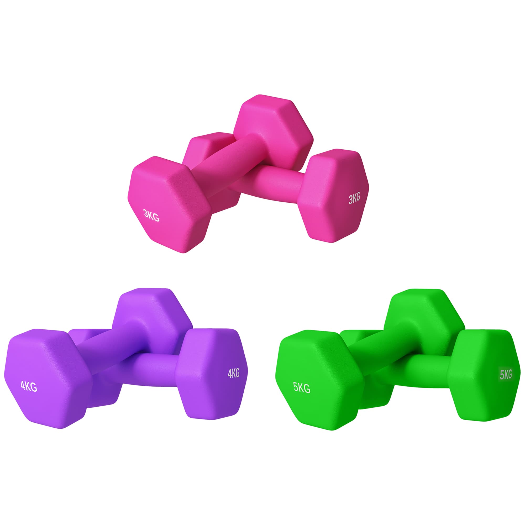 SPORTNOW Set of 6 Hex Dumbbells, Weights Pair with Non-Slip Grip, Training Equipment, 2 x 3kg, 2 x 4kg, 2 x 5kg, Pink, Purple, Green | Aosom UK