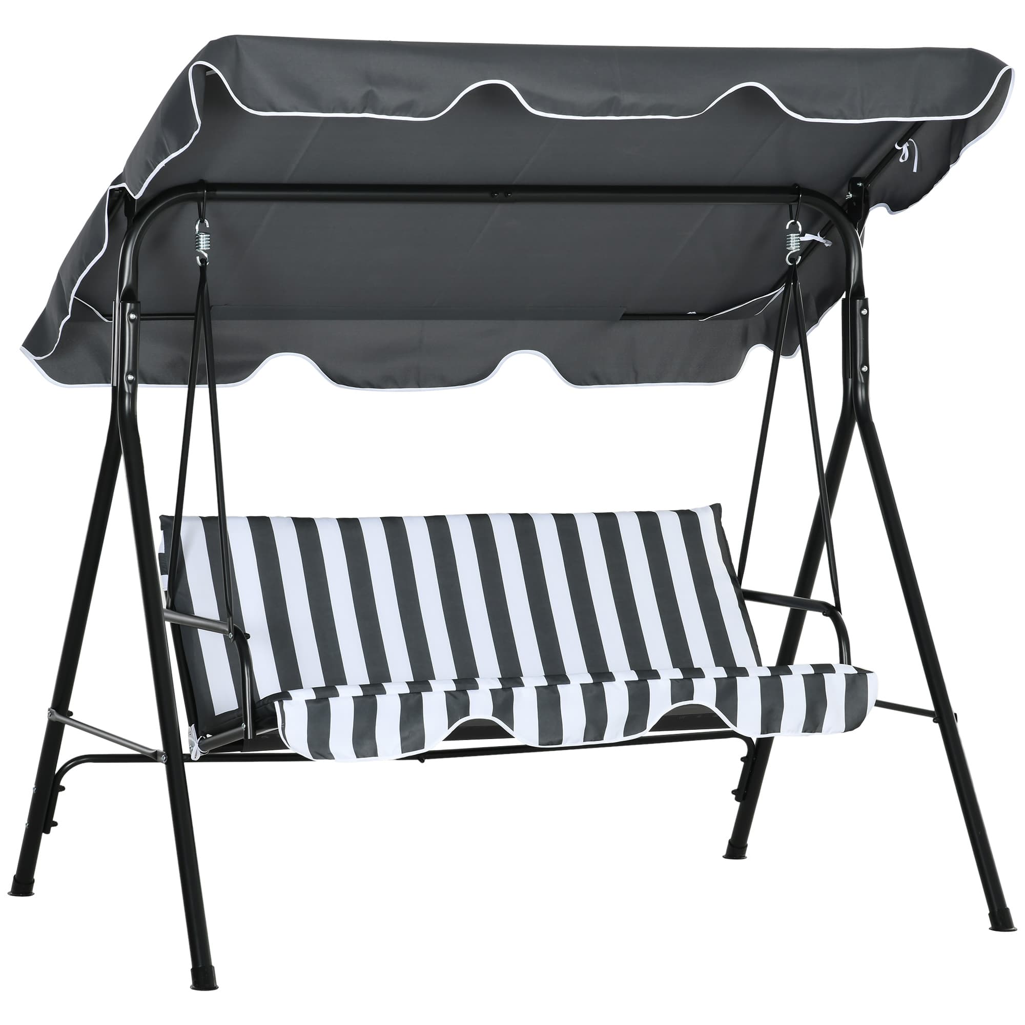Outsunny 3 Seater Swing Chair, All Weather Garden Swing Seat with Adjustable Canopy, Hammock Chair, Grey Stripe | Aosom UK