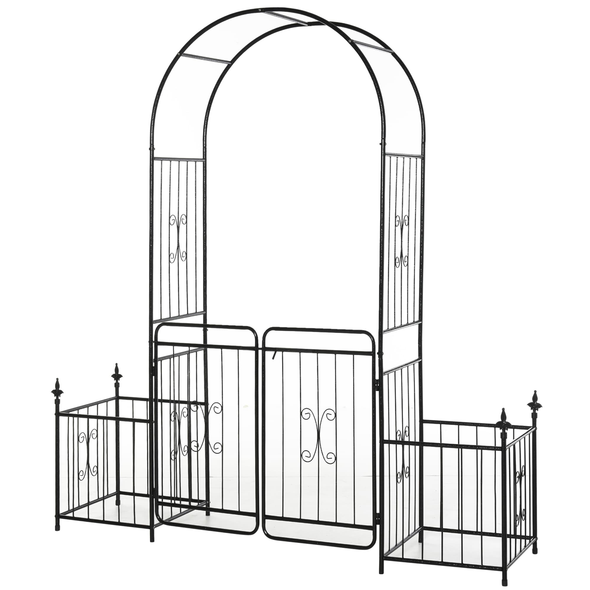 Outsunny Arched Garden Gate, Metal Garden Arbor Arch with Double Doors, 2 Side Planter Baskets, Climbing Vine Frame, Black | Aosom UK
