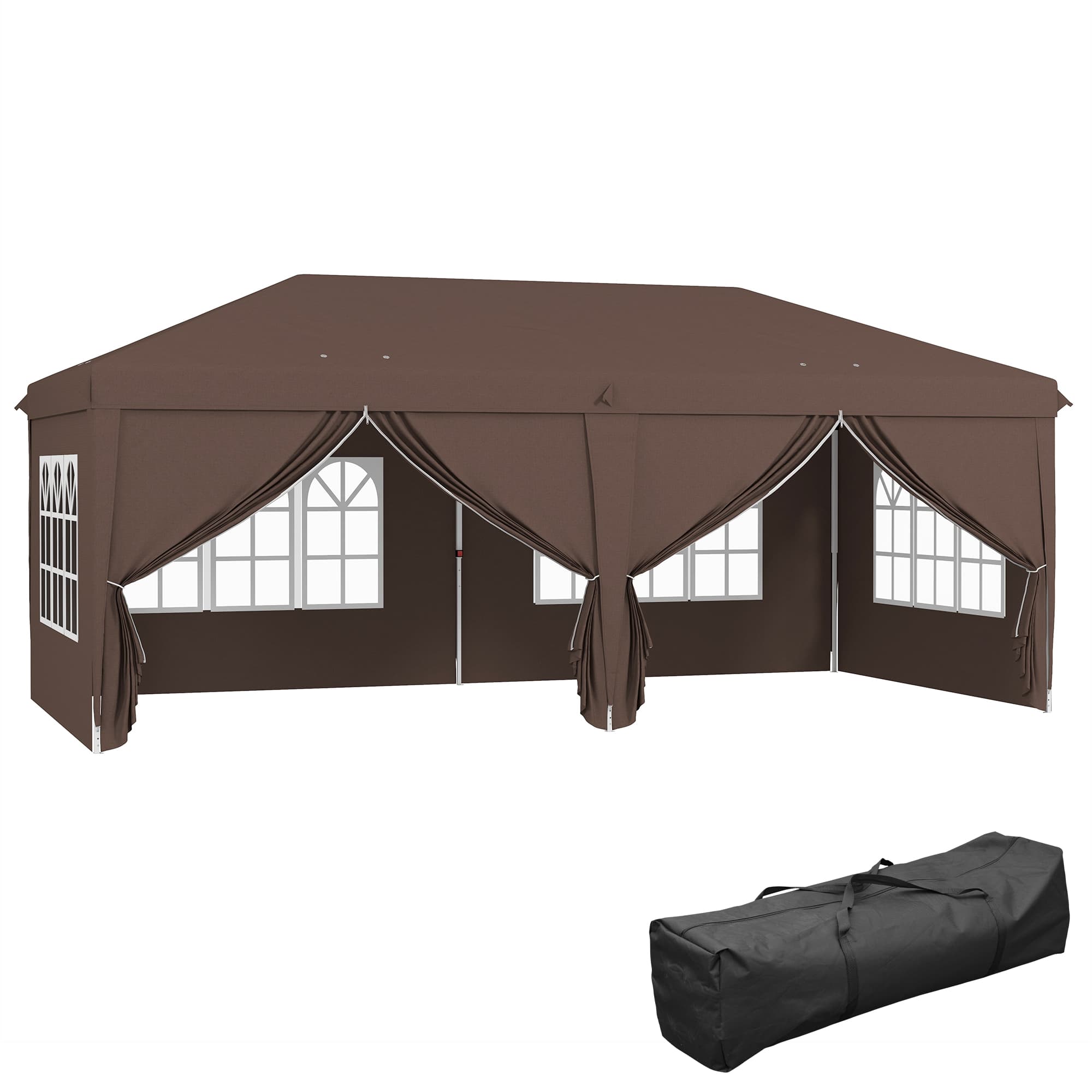 Outsunny 3 x 6m Sturdy Pop Up Gazebo with Sides, Metal Frame Party Tent with Carry Bag, Height Adjustable for Garden, Brown | Aosom UK